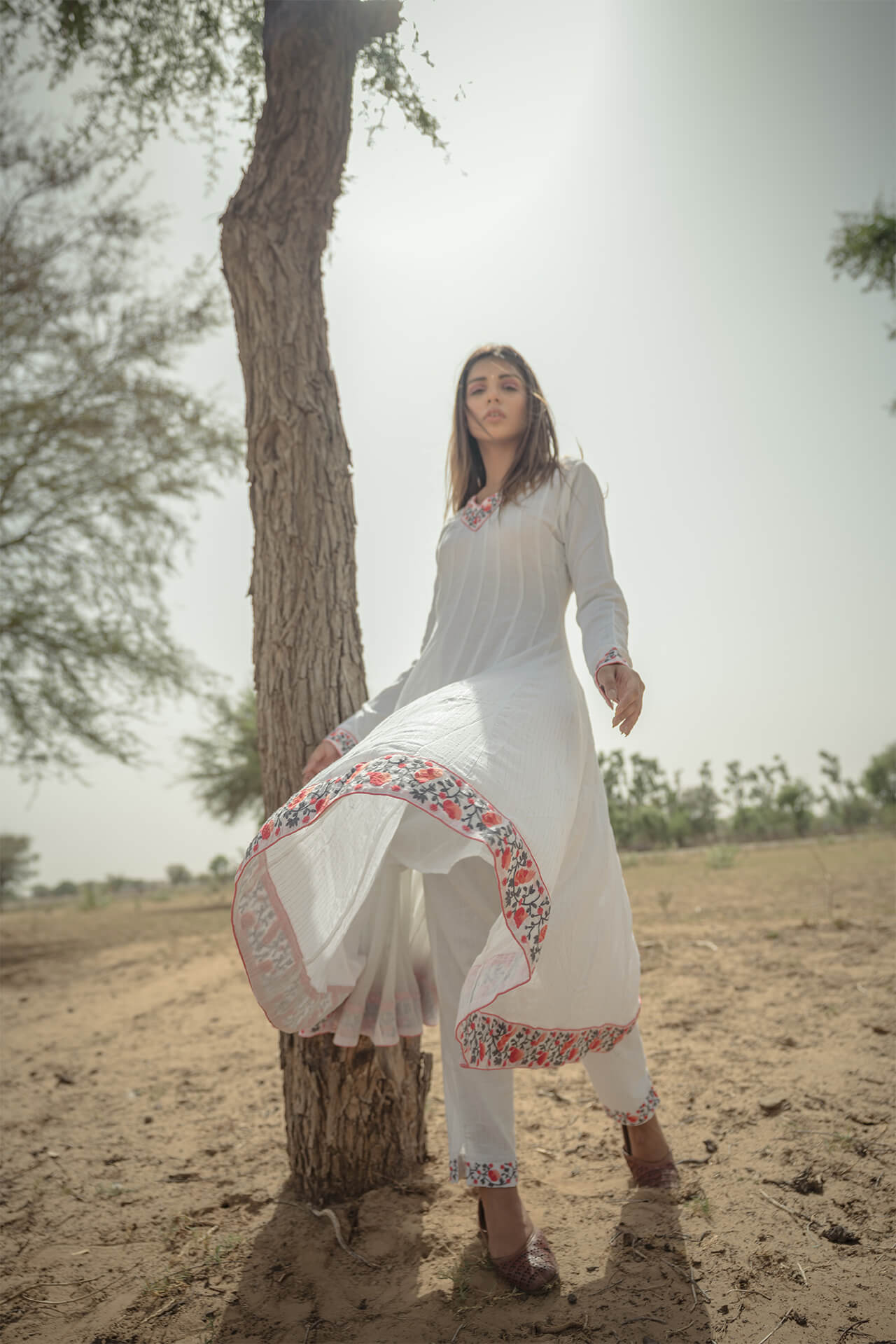 Peach Embroidered Anarkali and Straight Pants - Set of Two