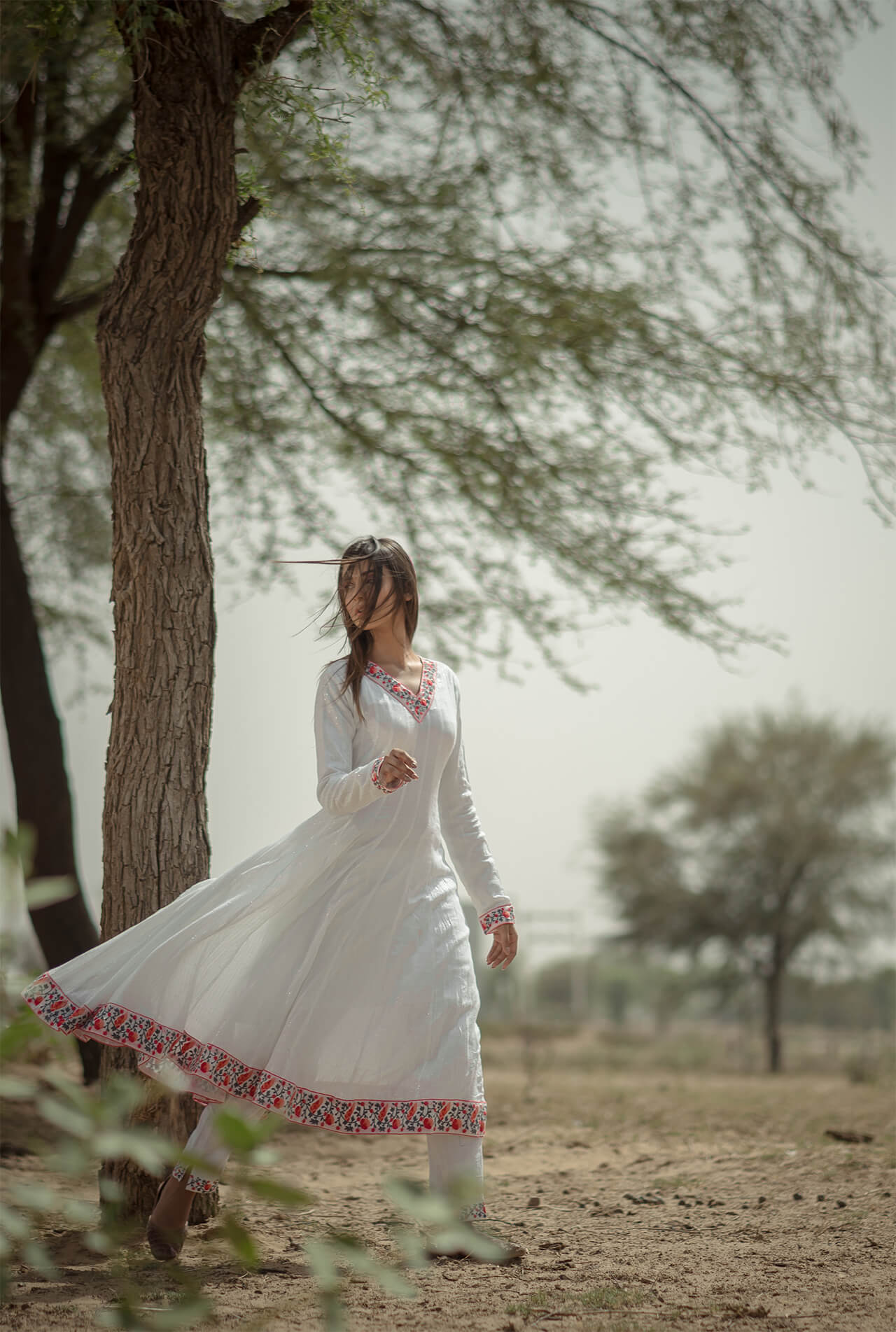 Peach Embroidered Anarkali and Straight Pants - Set of Two