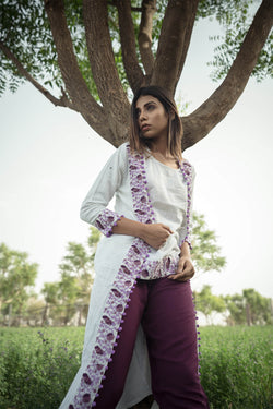 Purple Embroidered Top, Pants and Cape - Set of Three