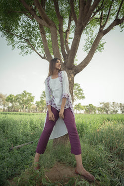 Purple Embroidered Top, Pants and Cape - Set of Three