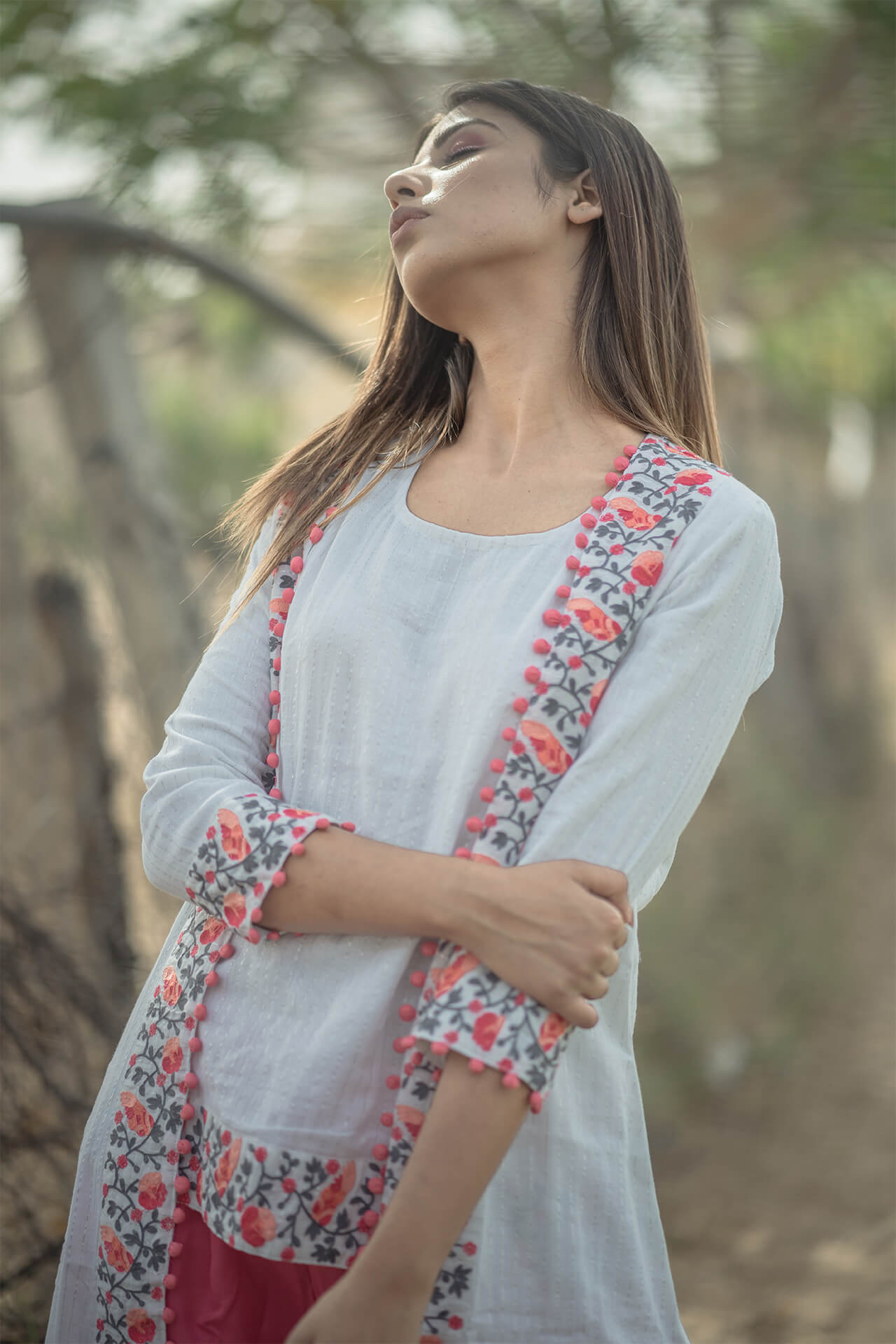 Peach Embroidered Top, Pants and Cape - Set of Three