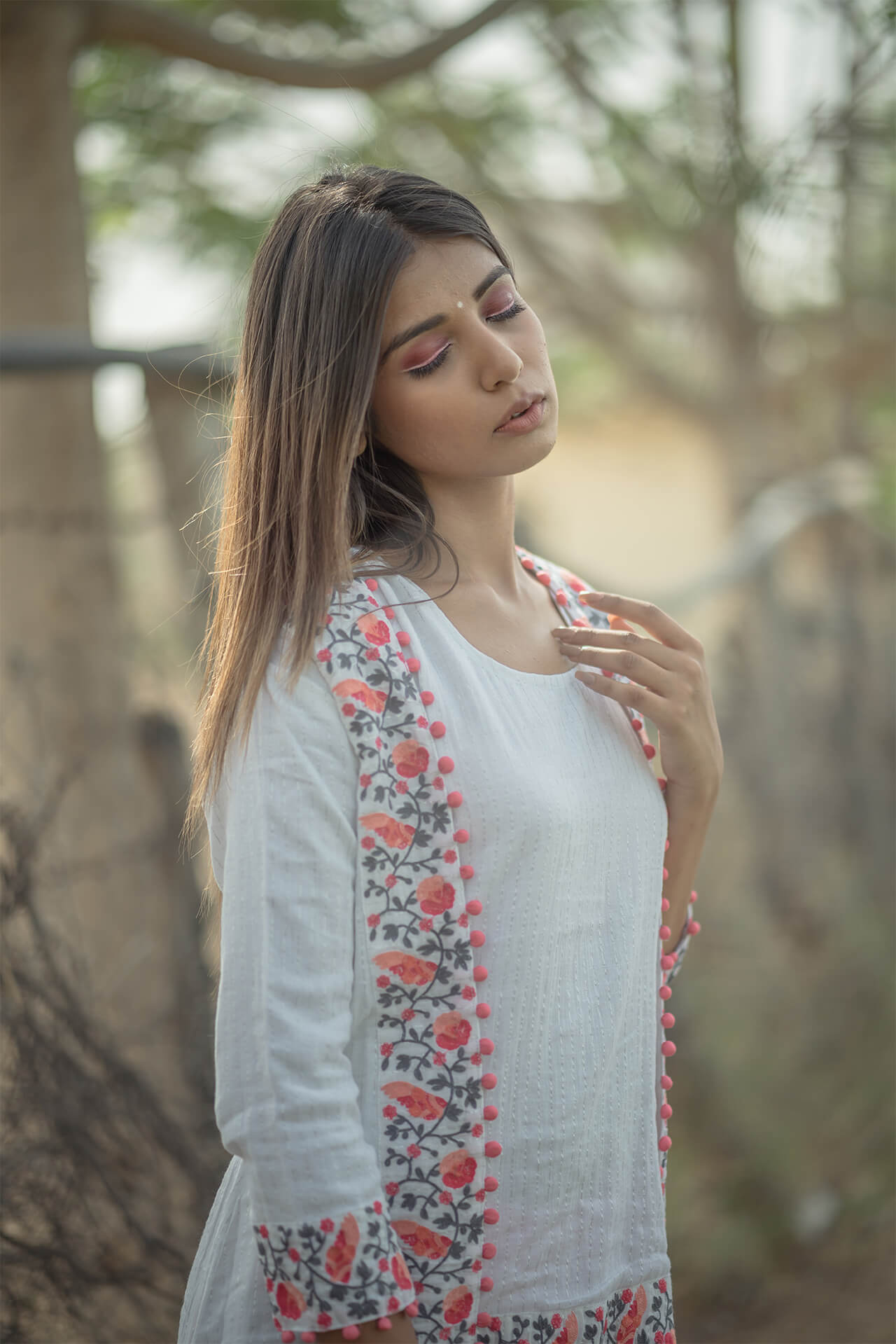 Peach Embroidered Top, Pants and Cape - Set of Three