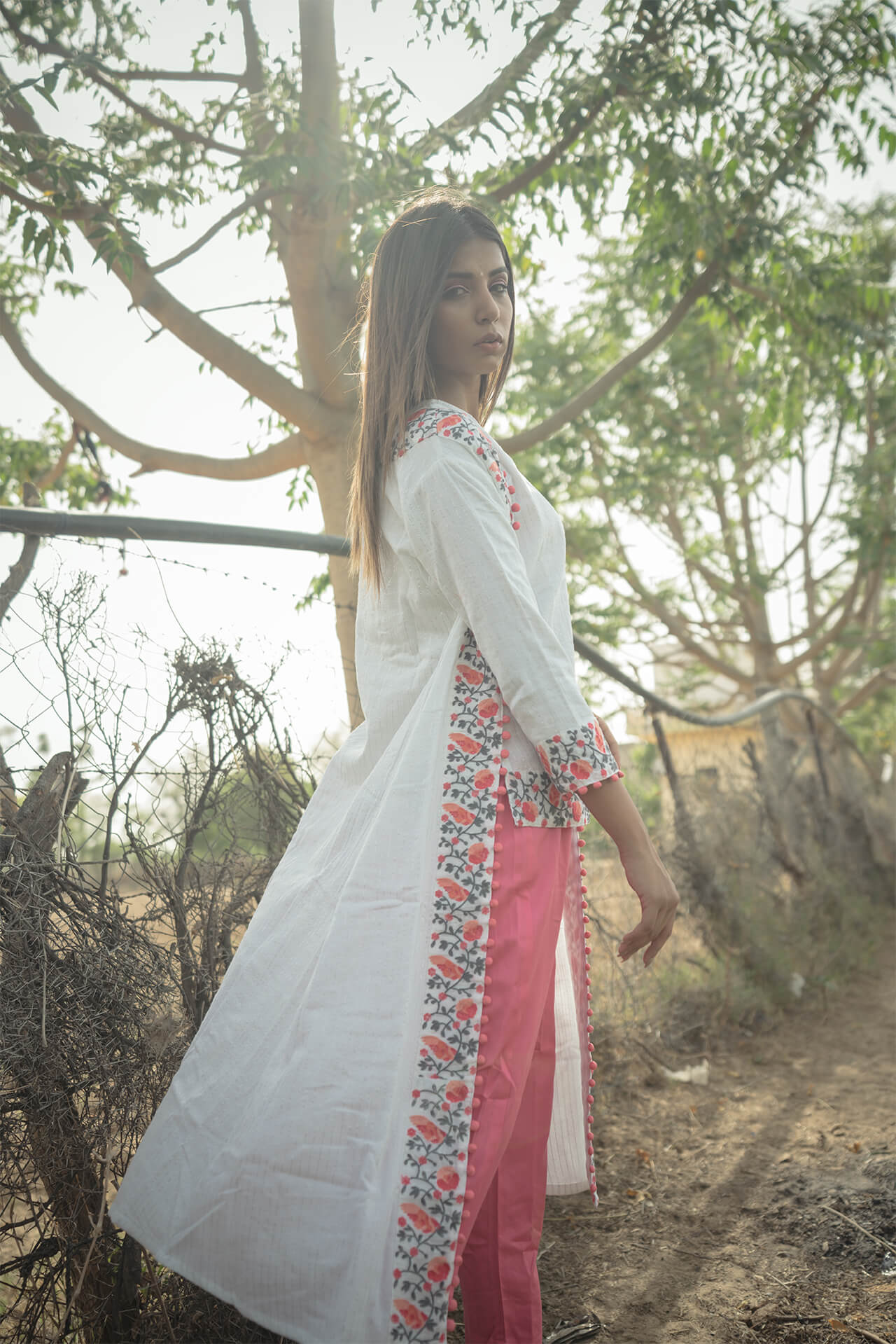 Peach Embroidered Top, Pants and Cape - Set of Three