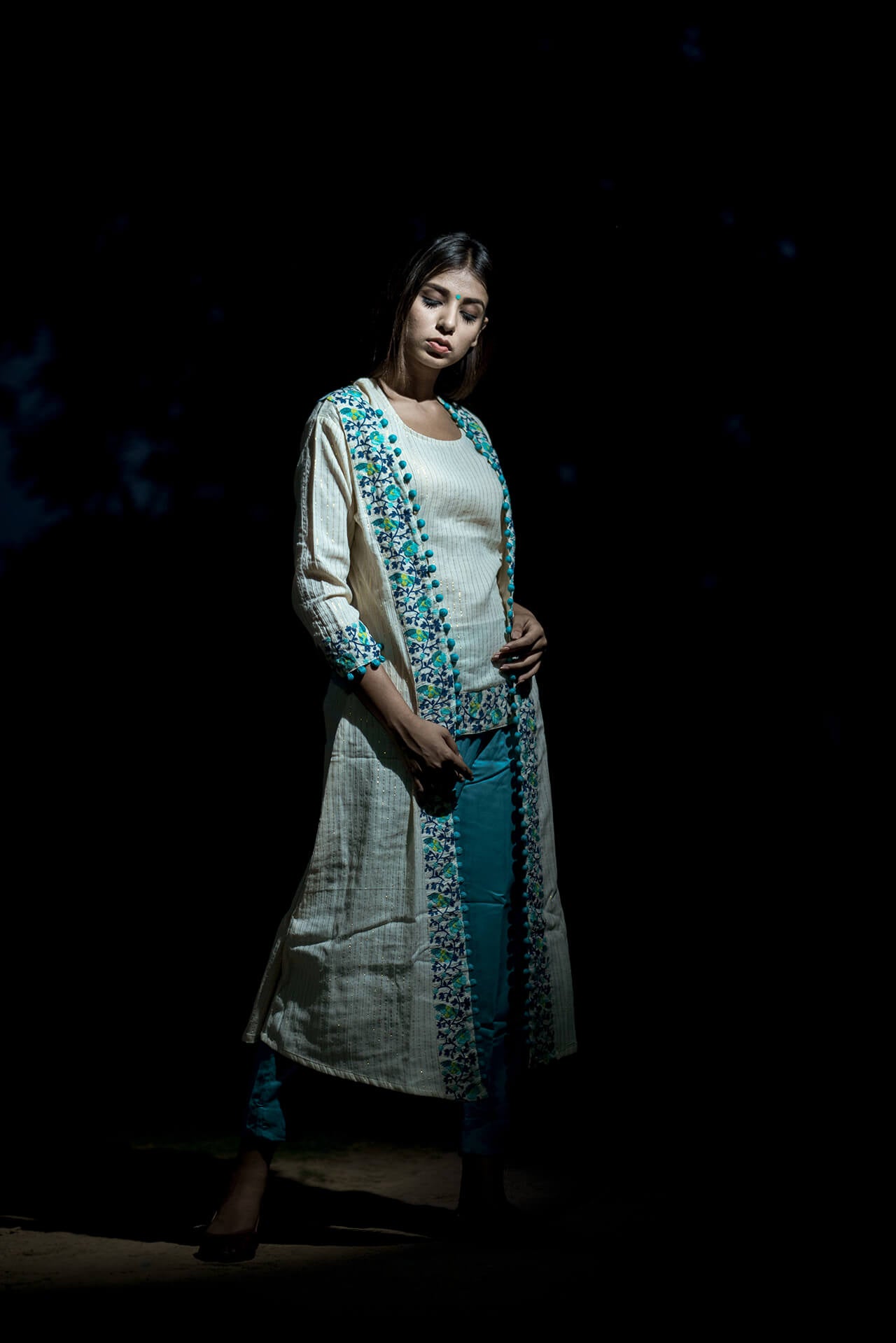 Turquoise Embroidered Top, Pants and Cape - Set of Three