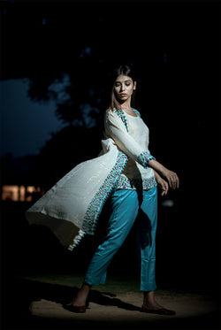 Turquoise Embroidered Top, Pants and Cape - Set of Three