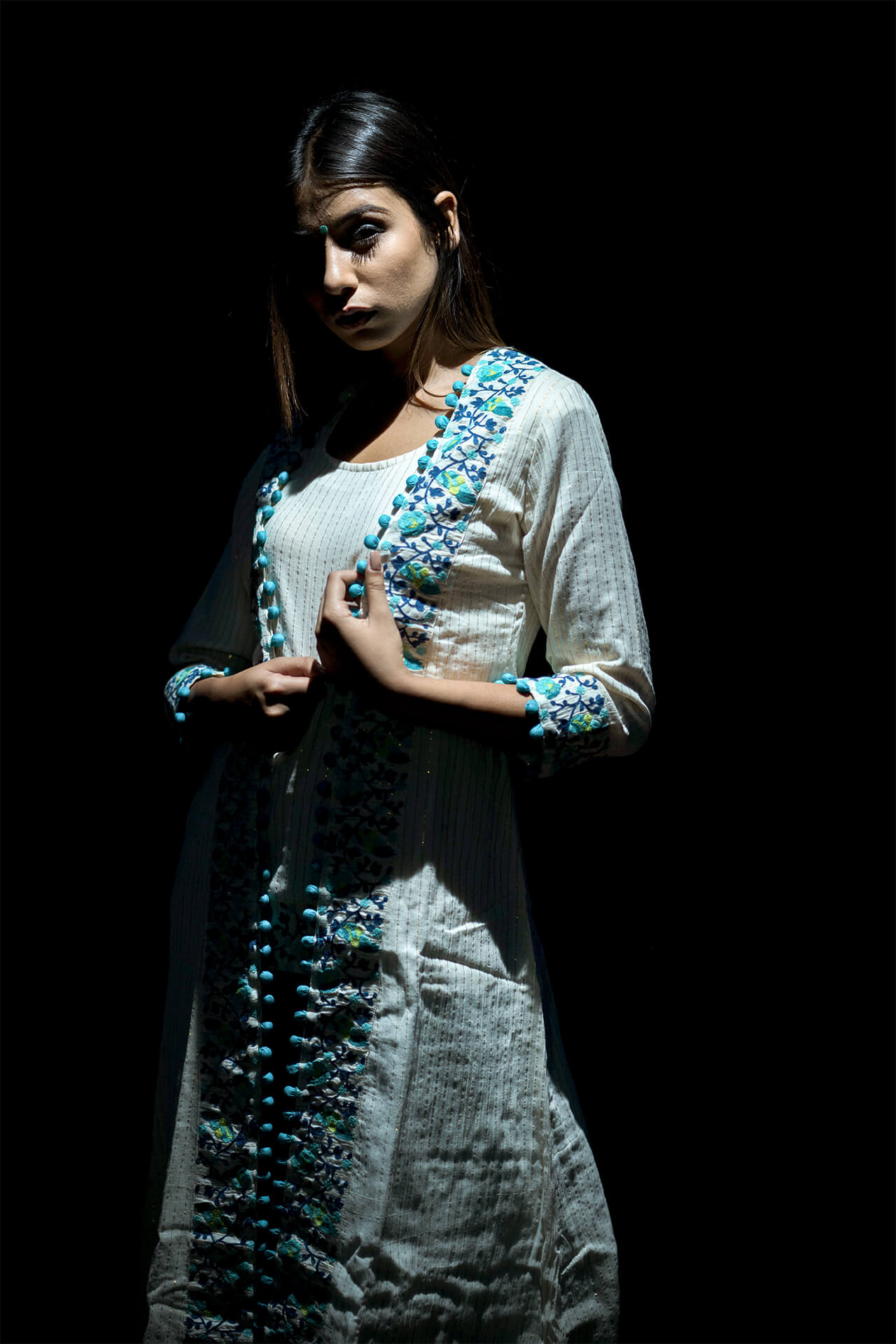 Turquoise Embroidered Top, Pants and Cape - Set of Three