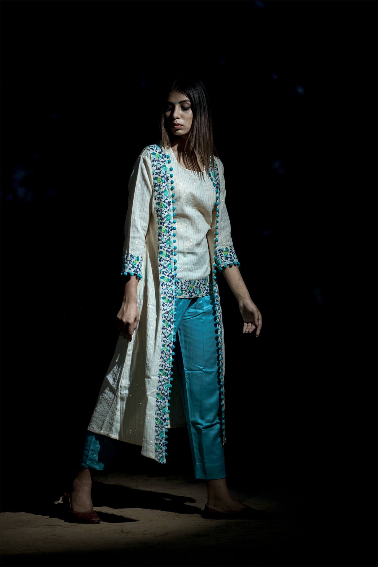 Turquoise Embroidered Top, Pants and Cape - Set of Three