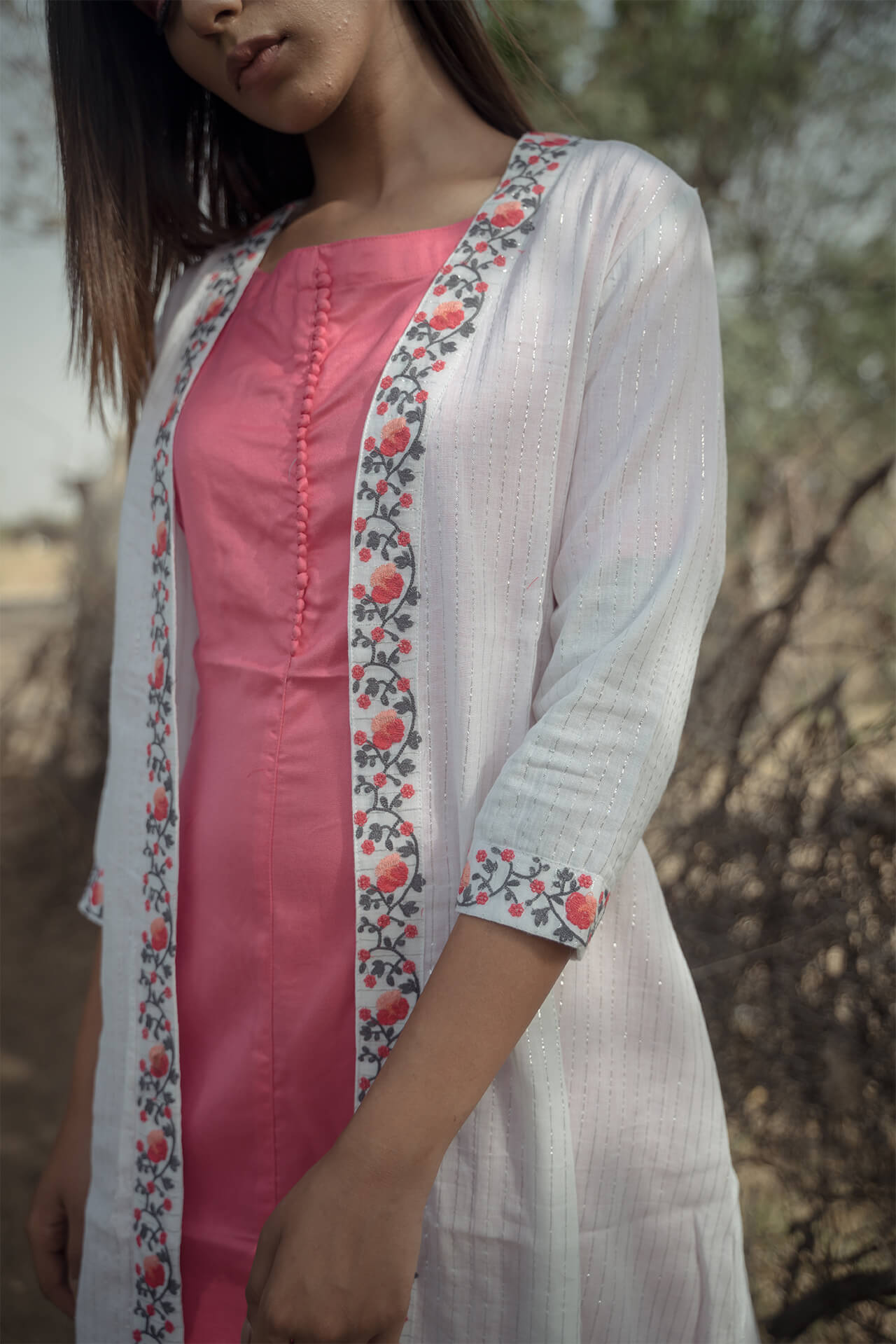 Peach Solid Inner with Embroidered Cape - Set of Two