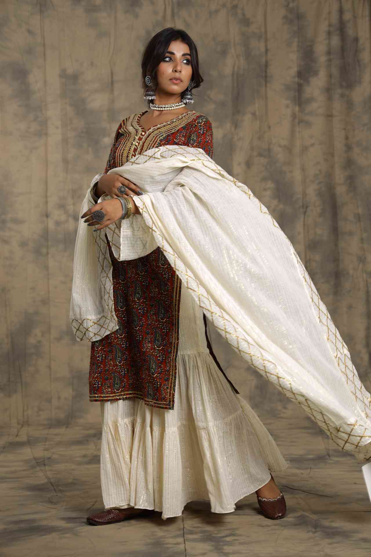 Maroon Gota Lacework Sharara - Set Of Three