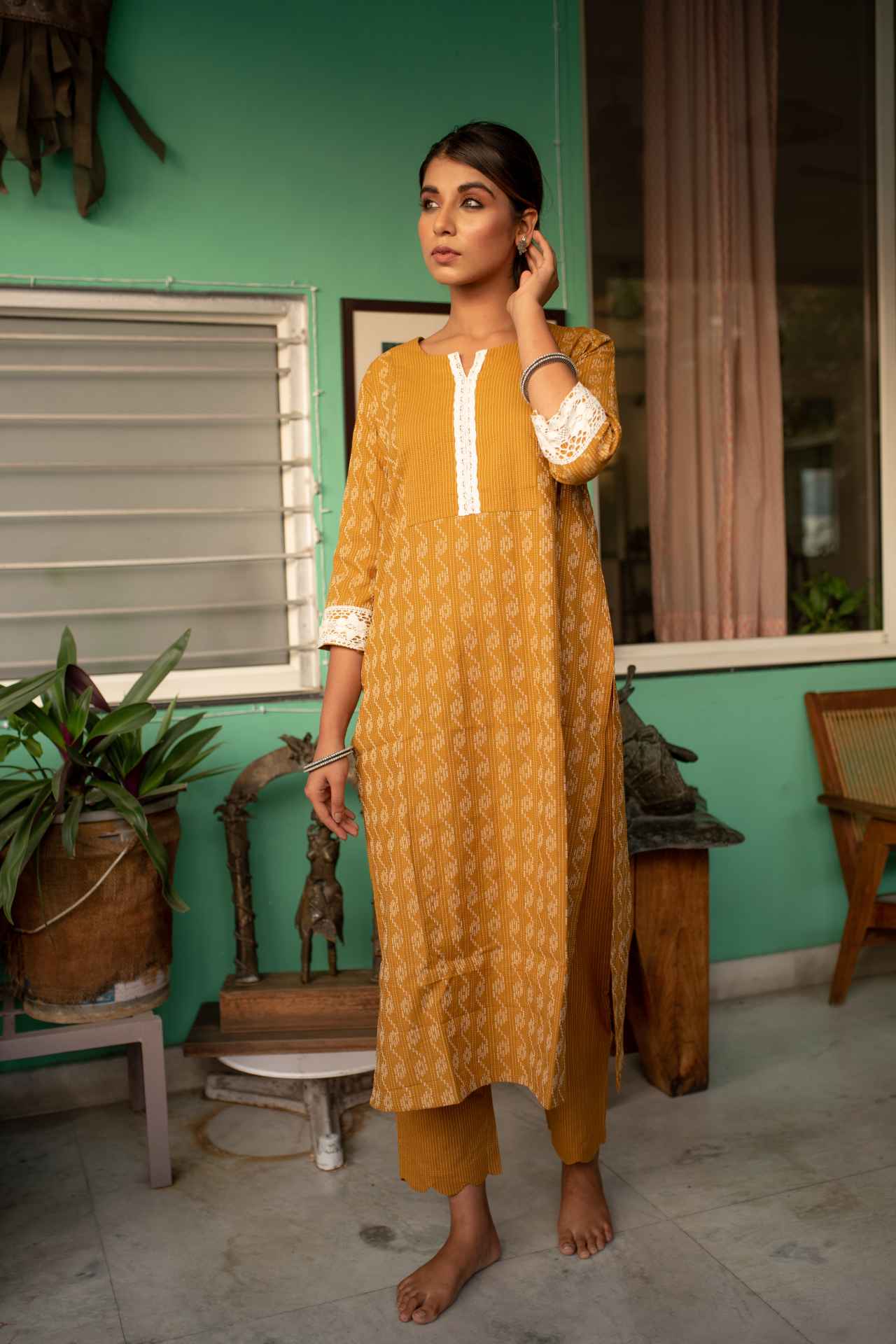 Mustard Self Weaved Crochet Kurta & Pant Set