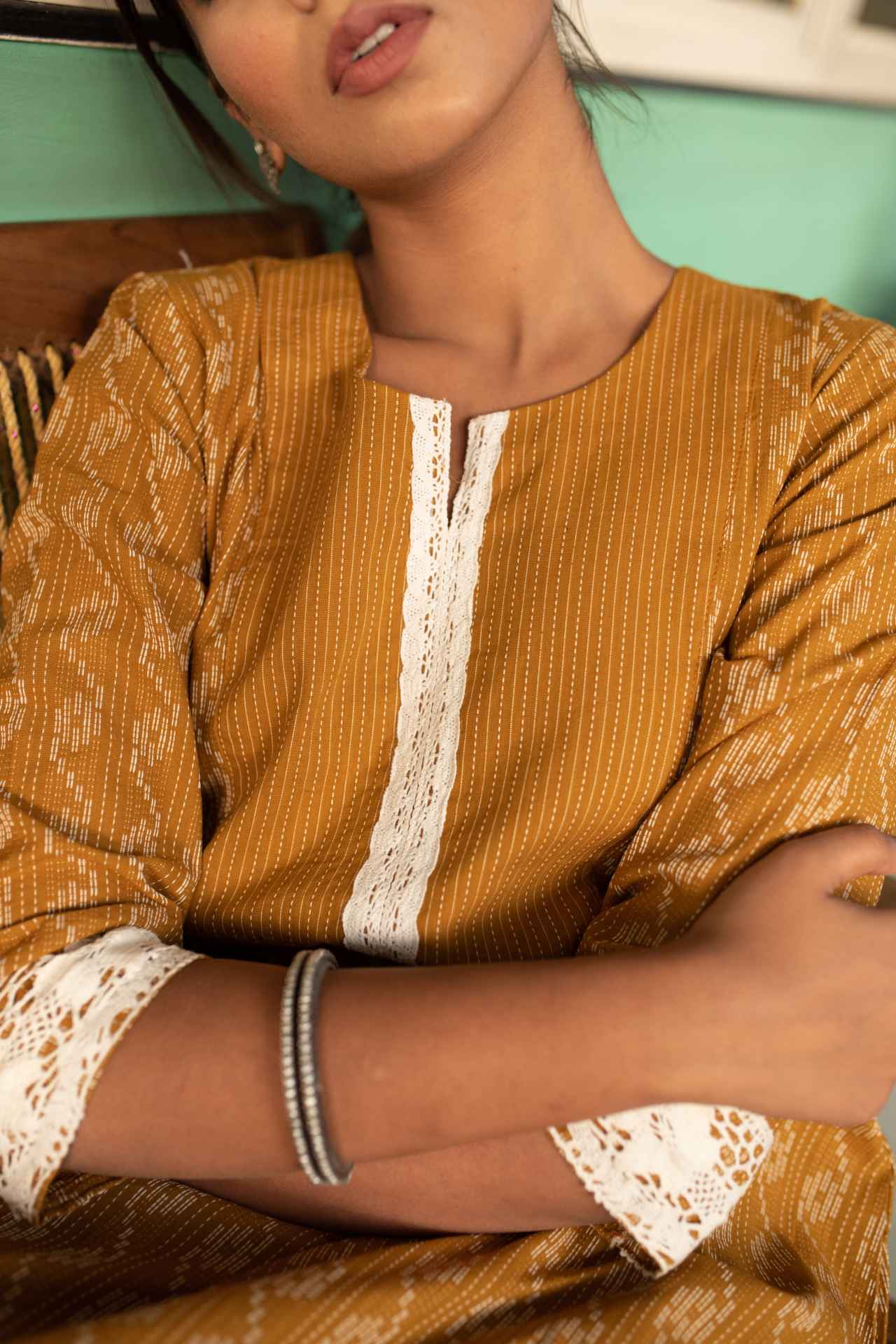 Mustard Self Weaved Crochet Kurta & Pant Set