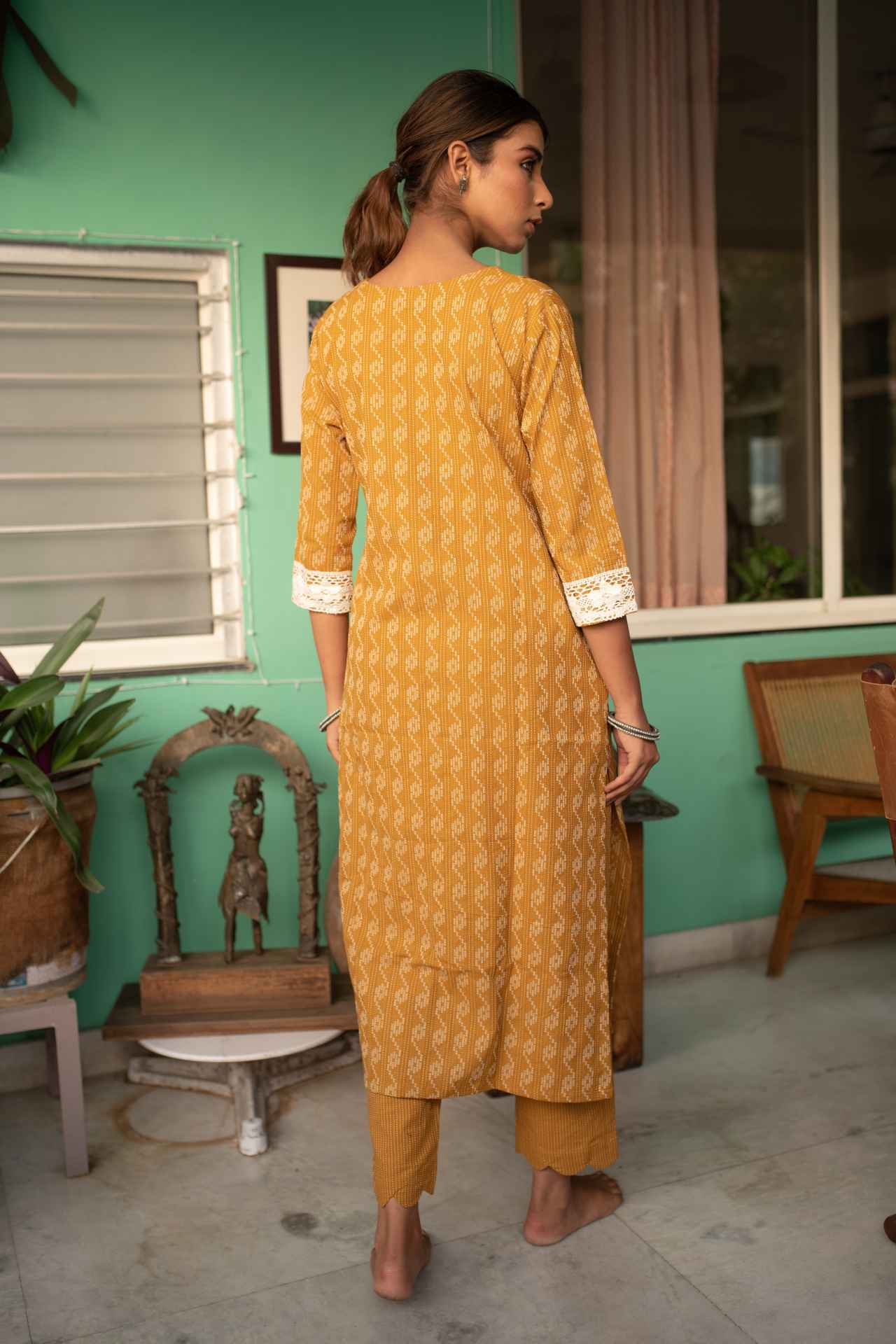 Mustard Self Weaved Crochet Kurta & Pant Set