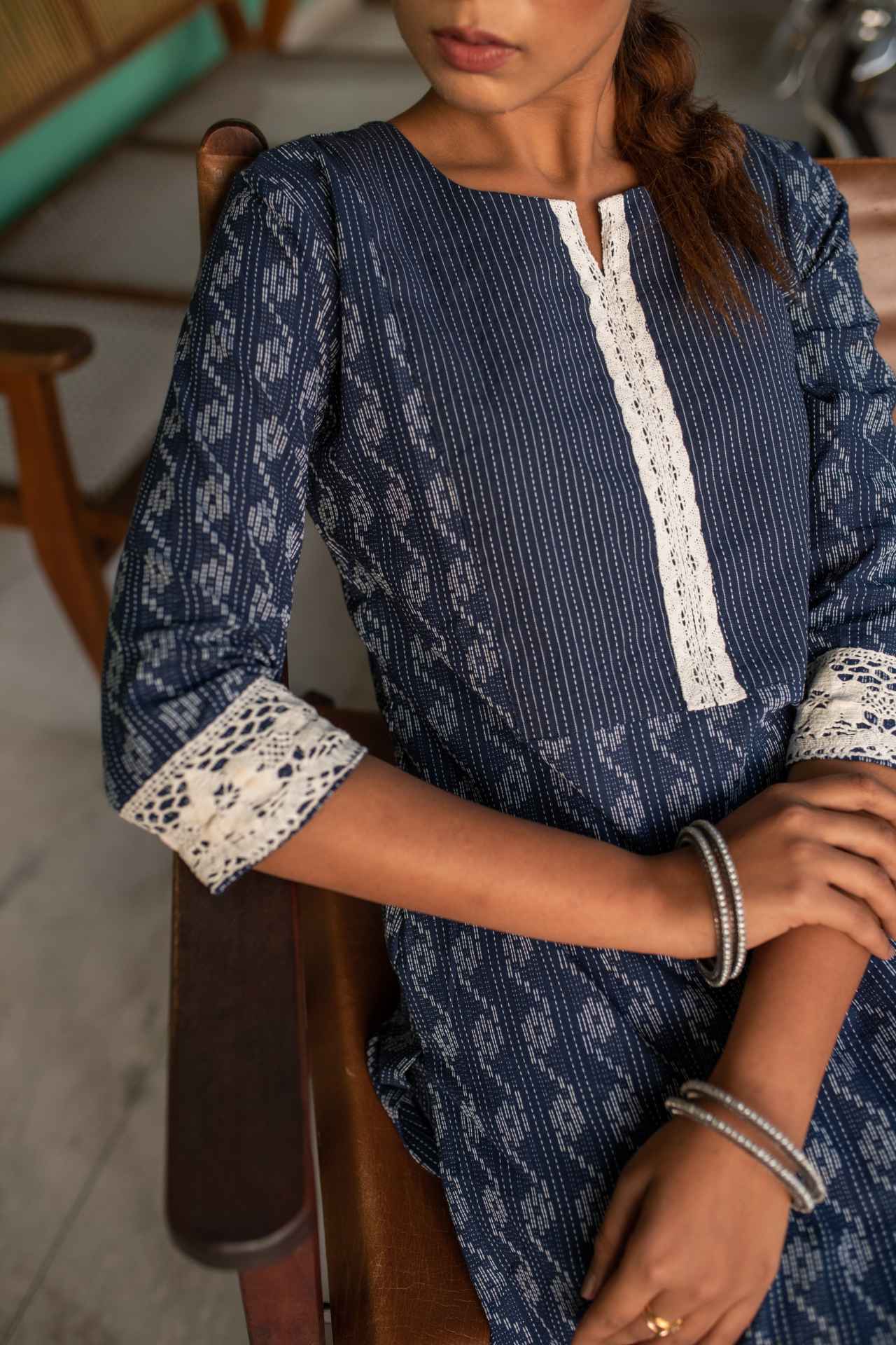 Navy Blue Self Weaved Crochet Kurta & Pant Set