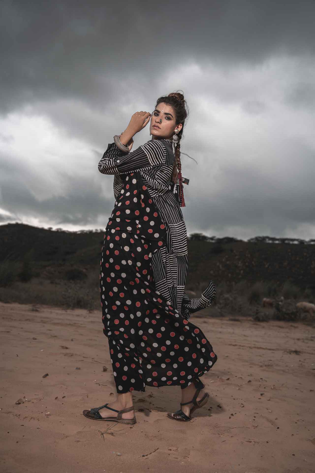 Printed Cotton Top With Asymmetric Cape And Palazzo - Set Of Three