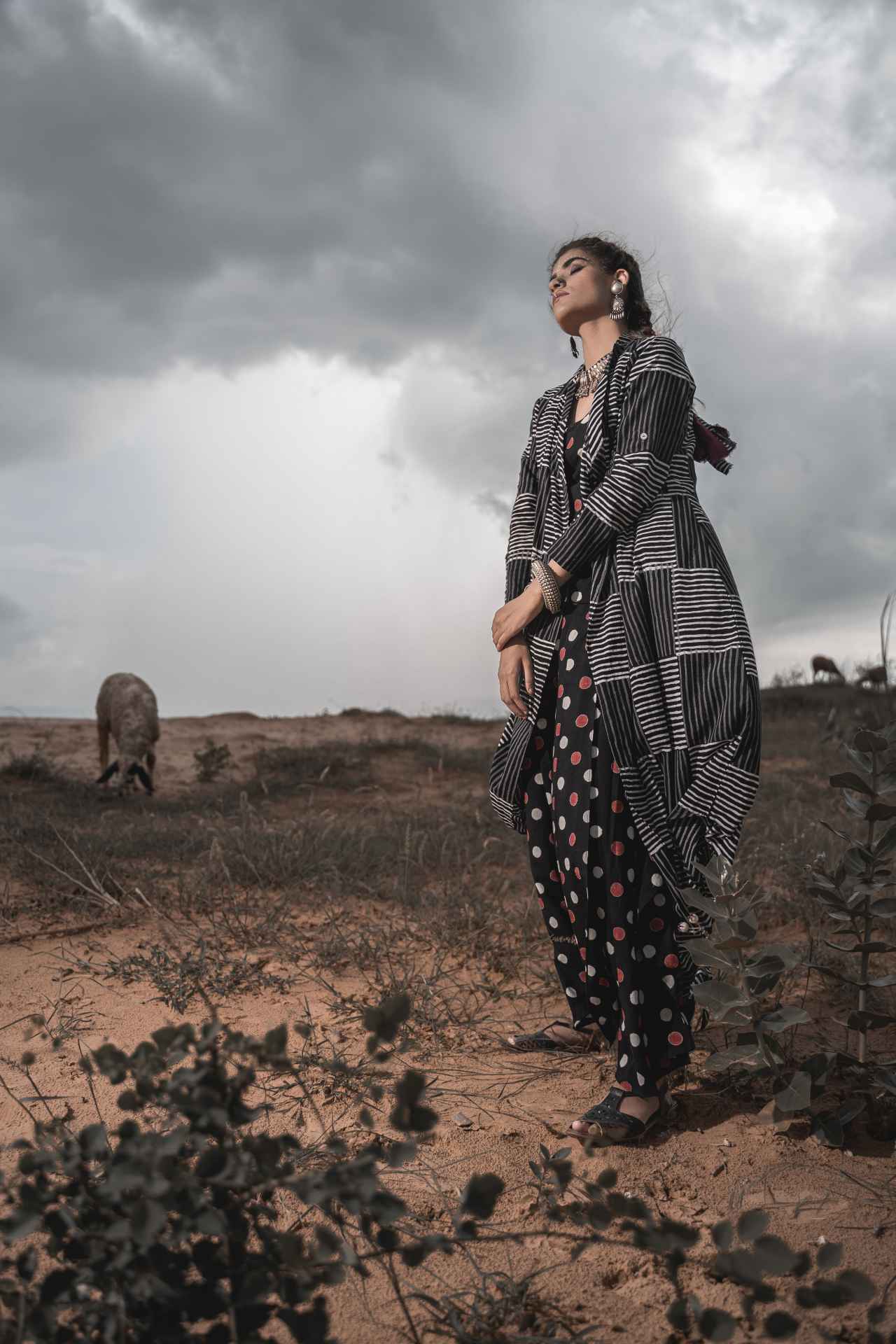 Printed Cotton Top With Asymmetric Cape And Palazzo - Set Of Three