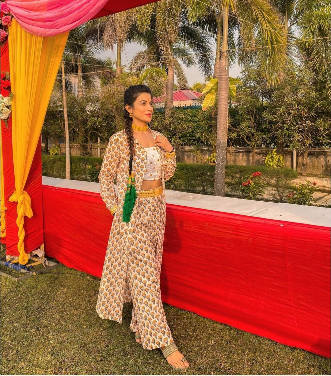 White Mirror Work Cotton Bustier with Yellow Hand Block Printed Shrug and Pants - Set of three