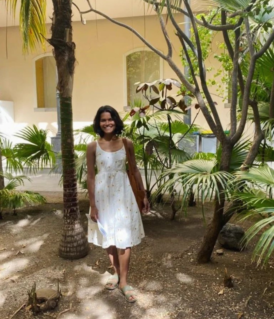 White Yellow Mirror Work Cotton Dress