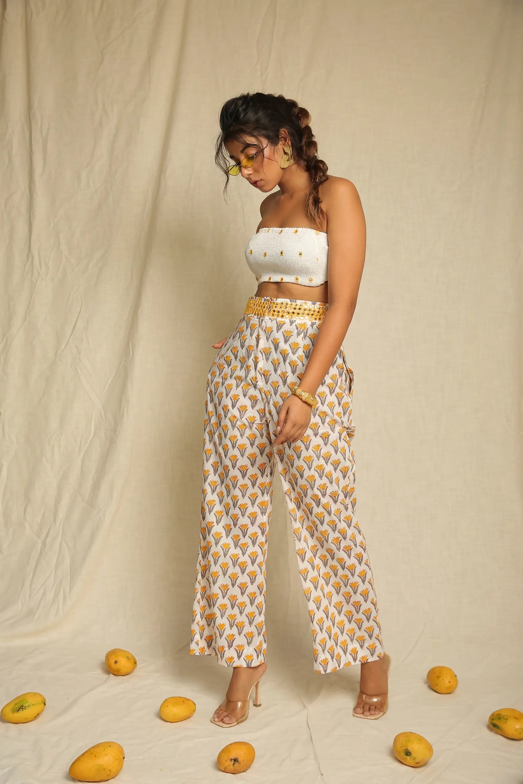 White Mirror Work Cotton Bustier with Yellow Hand Block Printed Shrug and Pants - Set of three