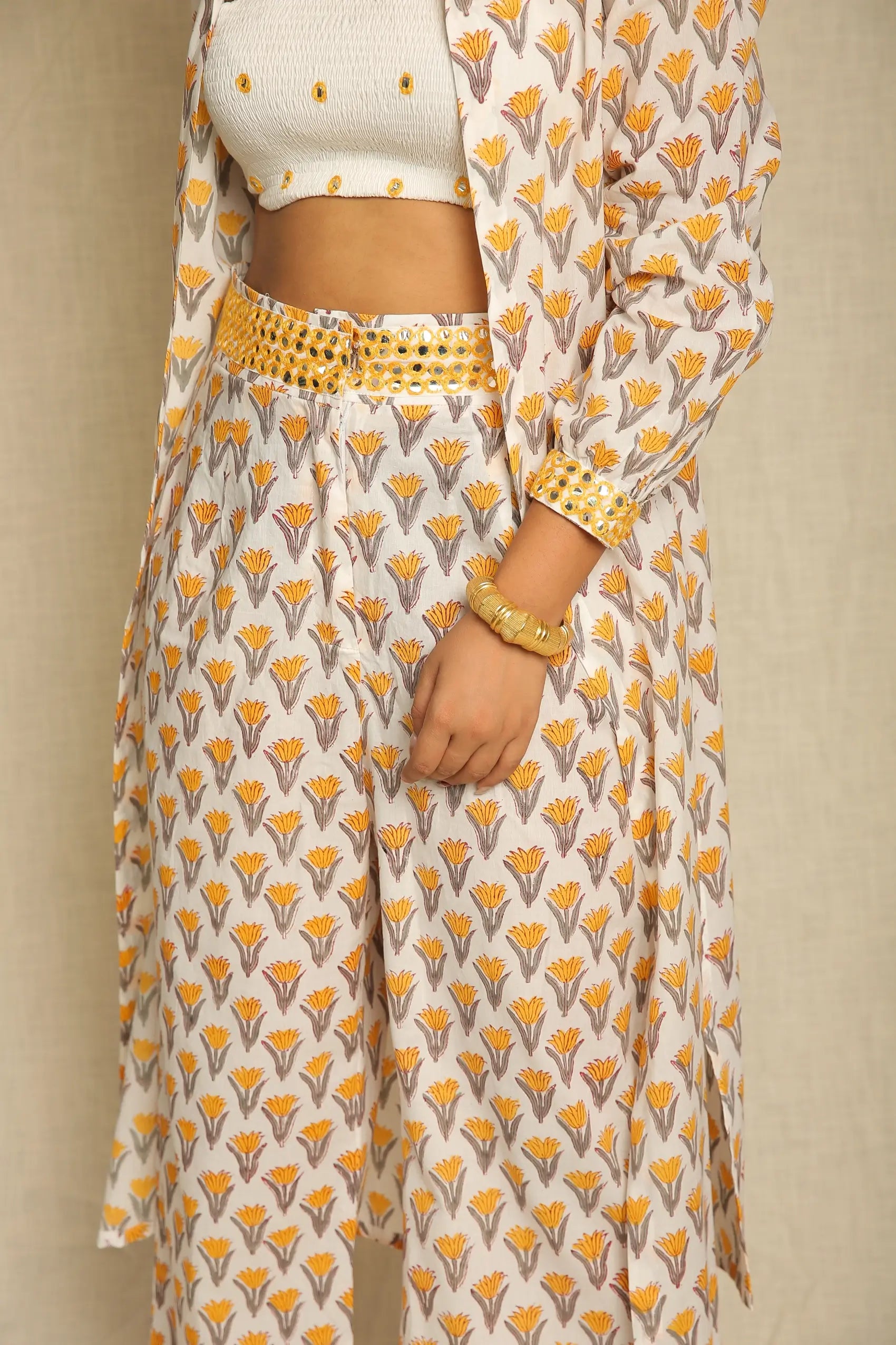 White Mirror Work Cotton Bustier with Yellow Hand Block Printed Shrug and Pants - Set of three