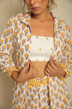 White Mirror Work Cotton Bustier with Yellow Hand Block Printed Shrug and Pants - Set of three