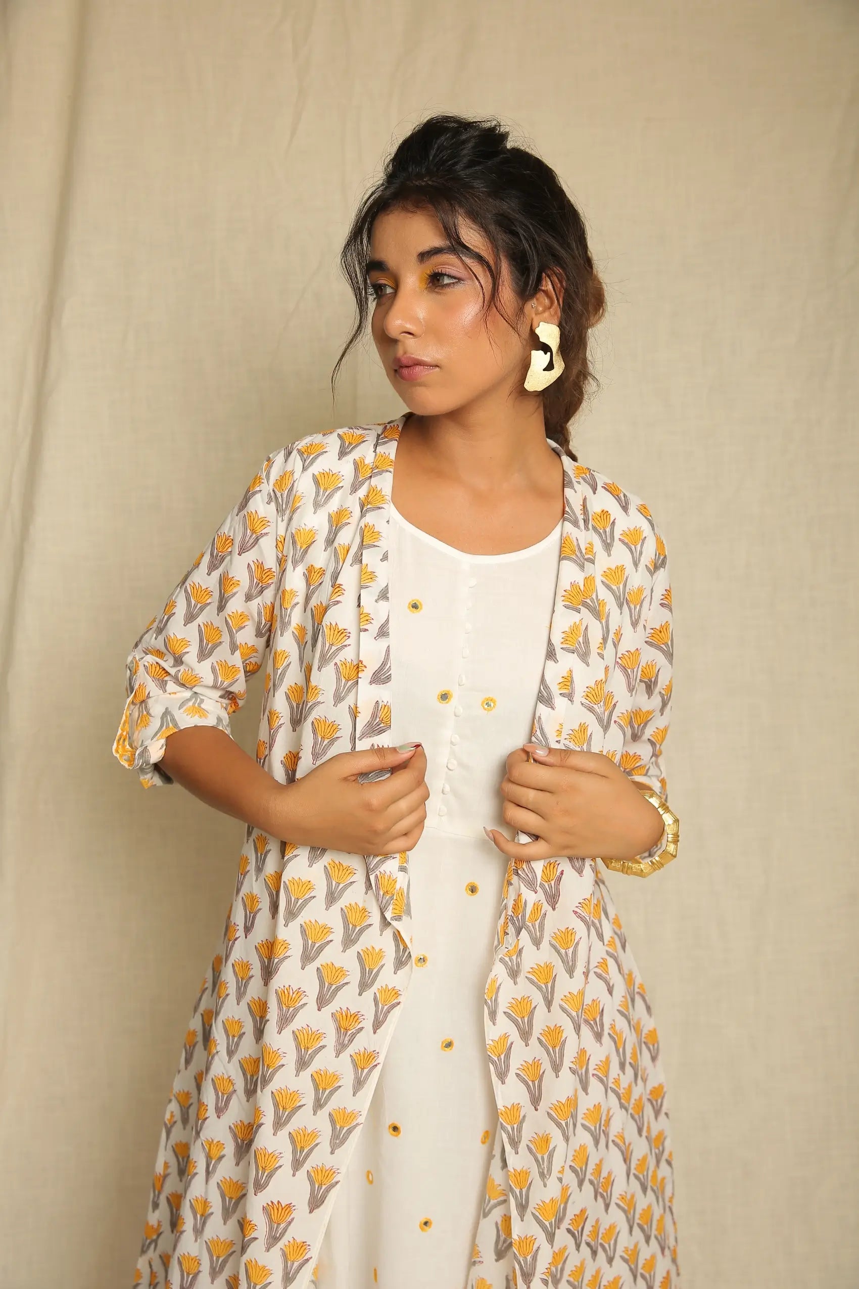 White Mirror Work Cotton Dress with Yellow Hand Block Printed Asymmetric Cape - Set of two