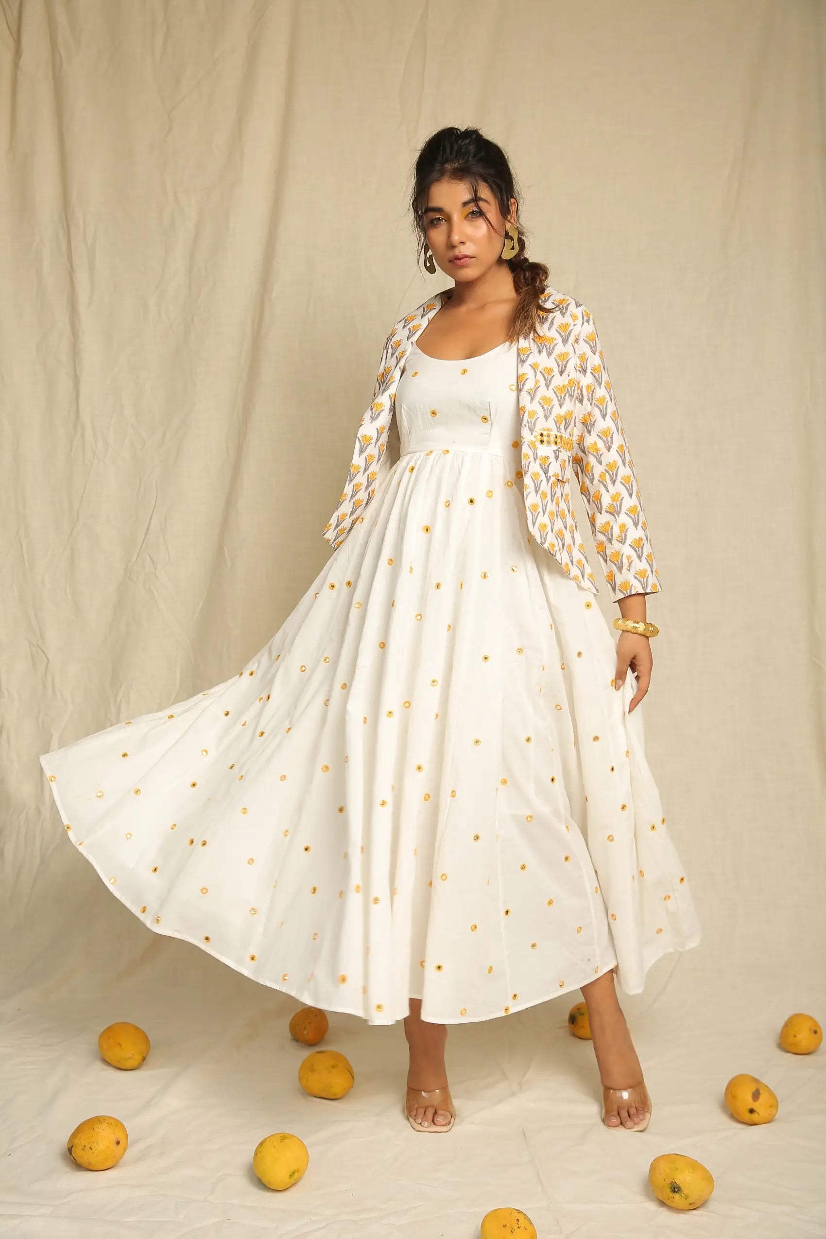 White Yellow Mirror Work Cotton Dress with Hand Block Printed Jacket - Set of two