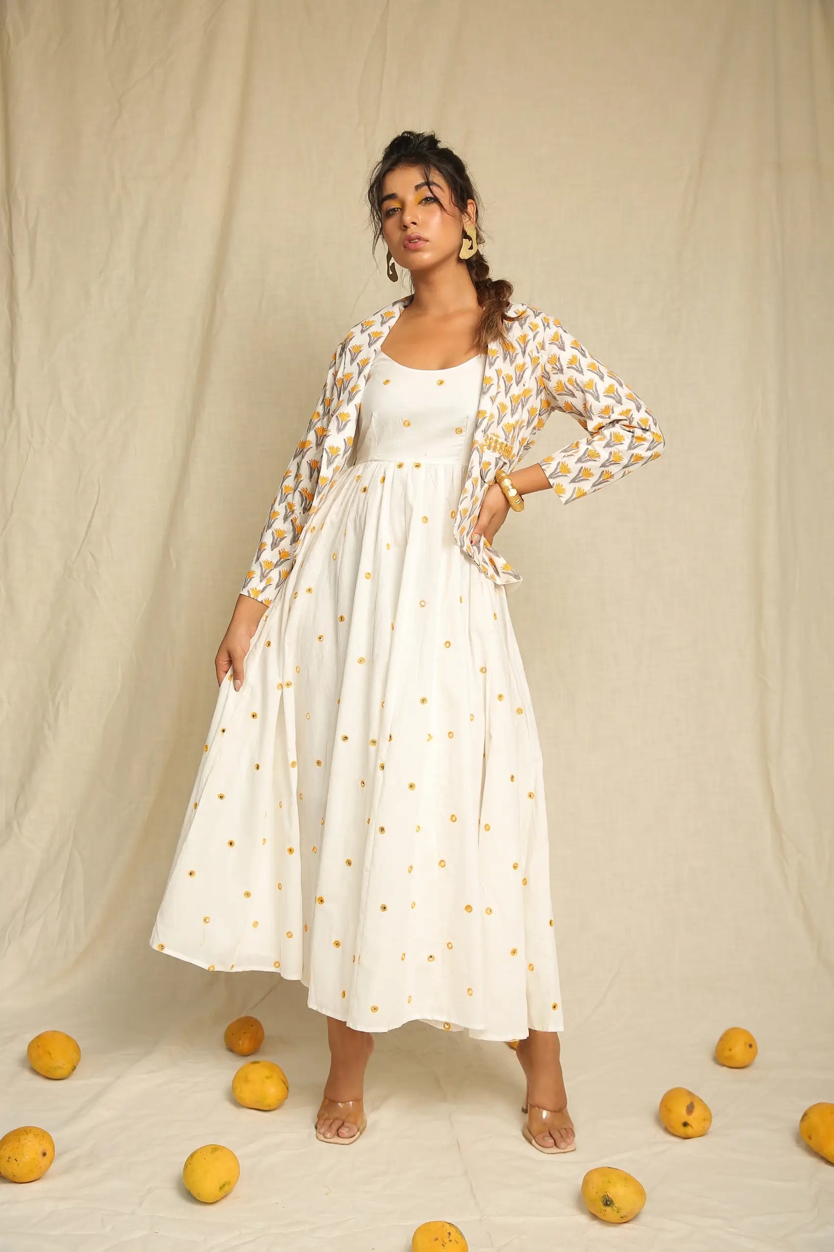White Yellow Mirror Work Cotton Dress with Hand Block Printed Jacket