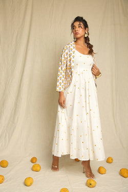 White Yellow Mirror Work Cotton Dress with Hand Block Printed Jacket - Set of two