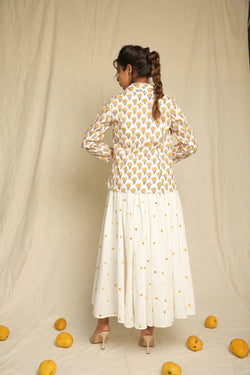 Yellow White Hand Block Printed Cotton Mirror Work Jacket