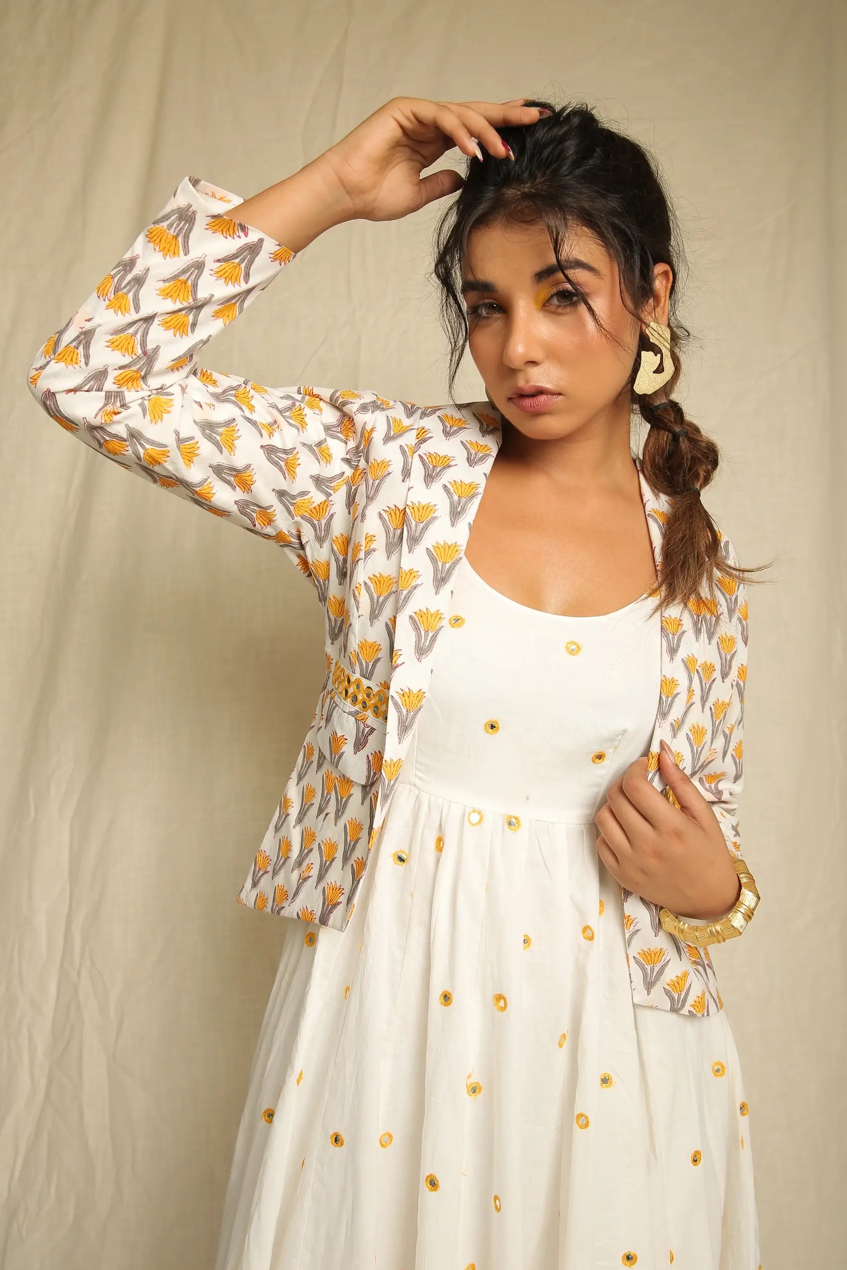 White Yellow Mirror Work Cotton Dress with Hand Block Printed Jacket - Set of two