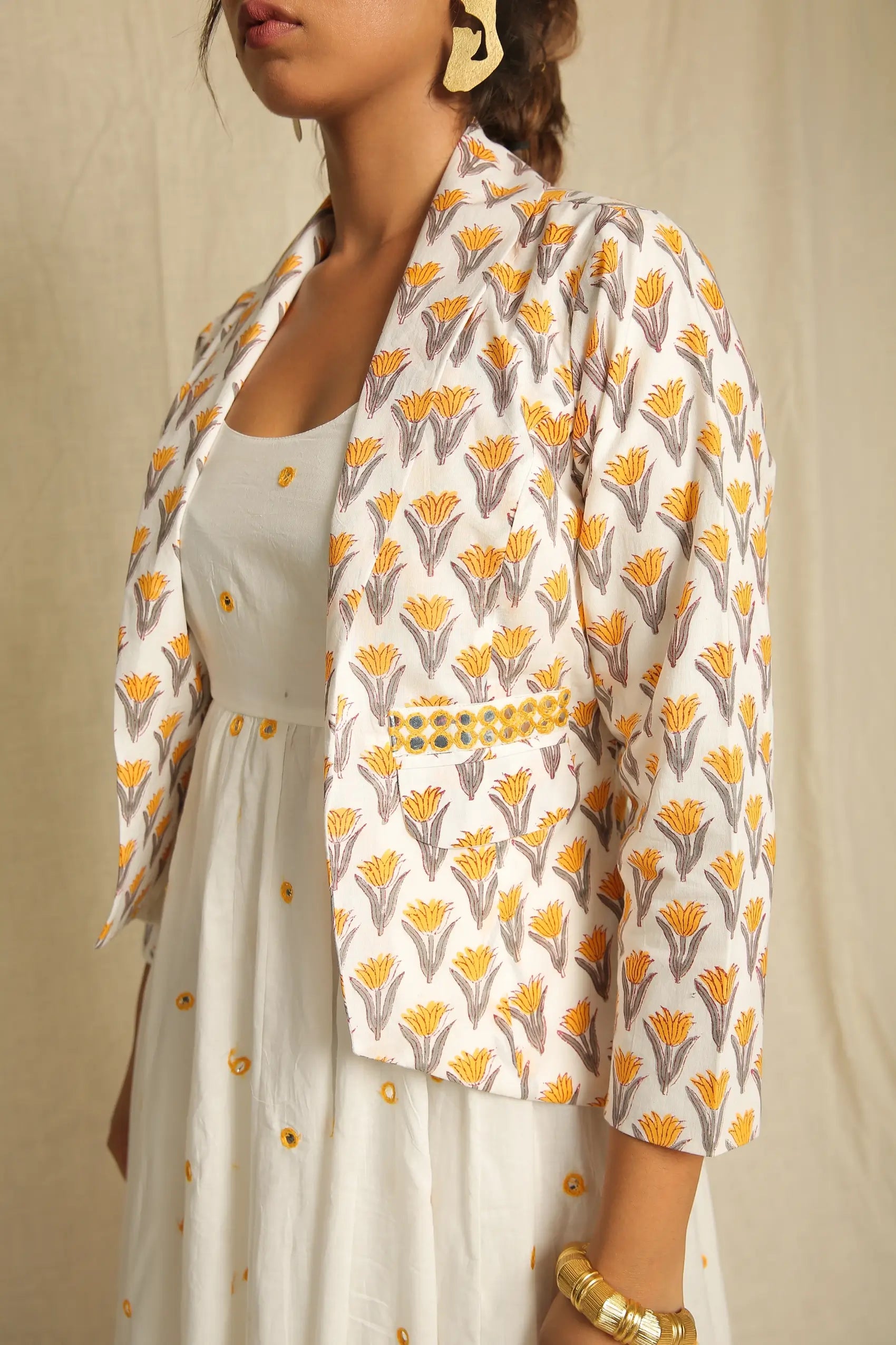 Yellow White Hand Block Printed Cotton Mirror Work Jacket