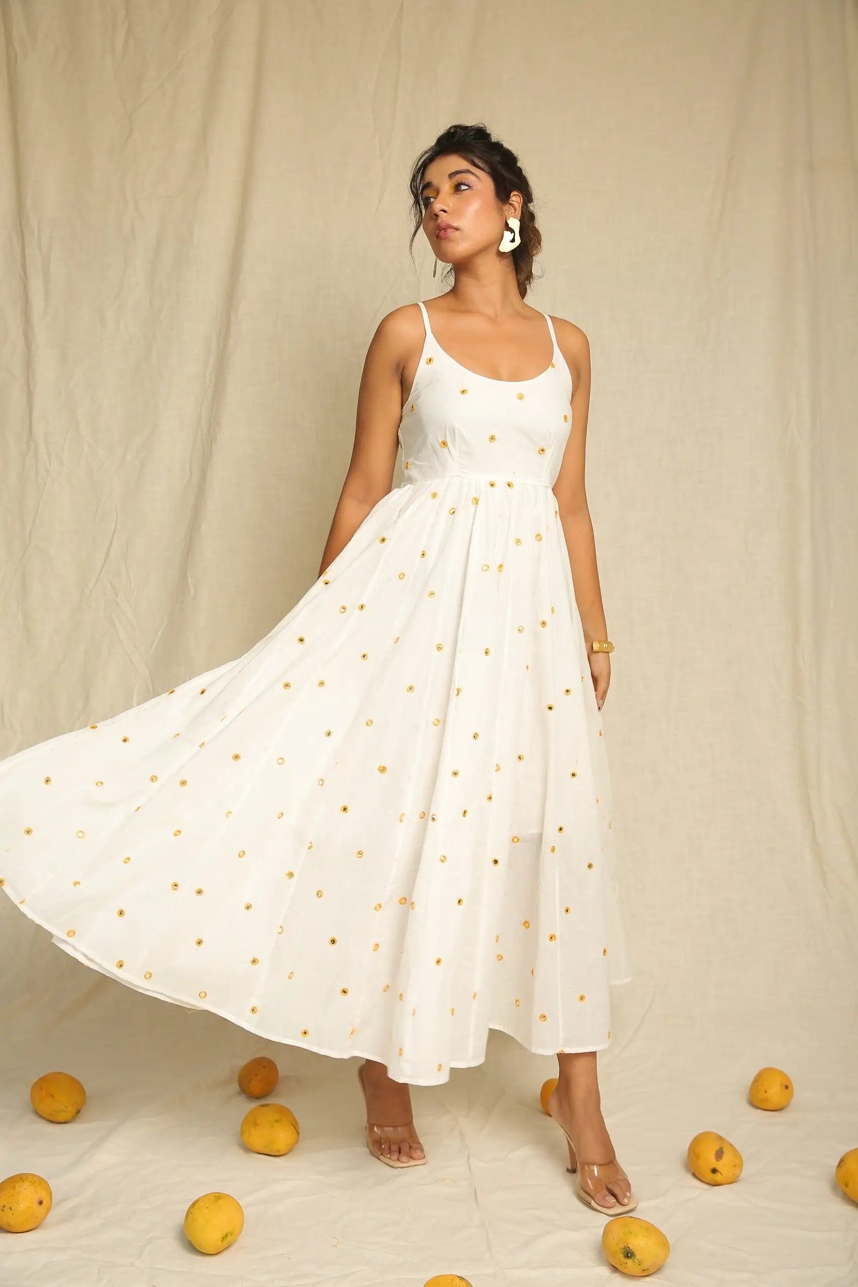 White Yellow Mirror Work Cotton Dress