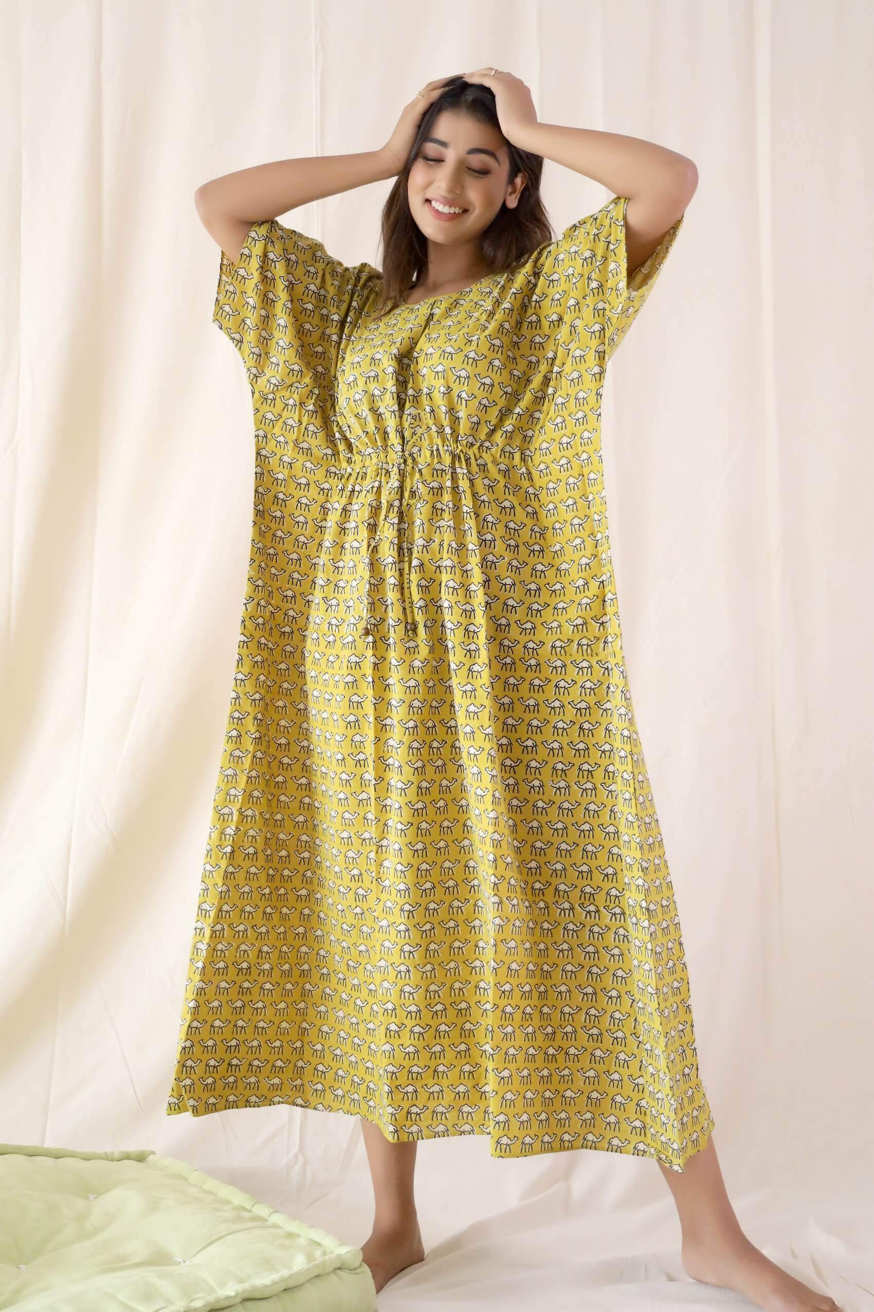 Camel Cotton Block Print Kaftan
