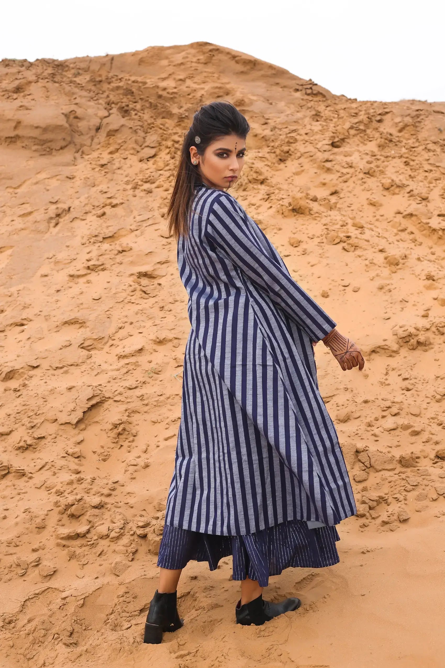 Deep Blue Striped Long Cape With Spagetti Dress - Set Of Two