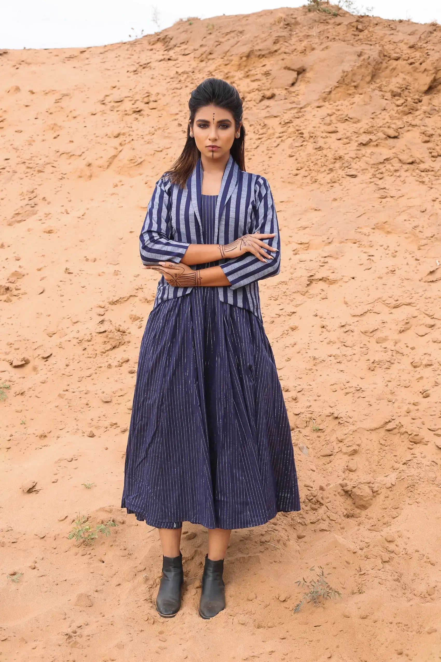 Deep Blue Striped Short Jacket With Spaghetti Dress - Set Of Two