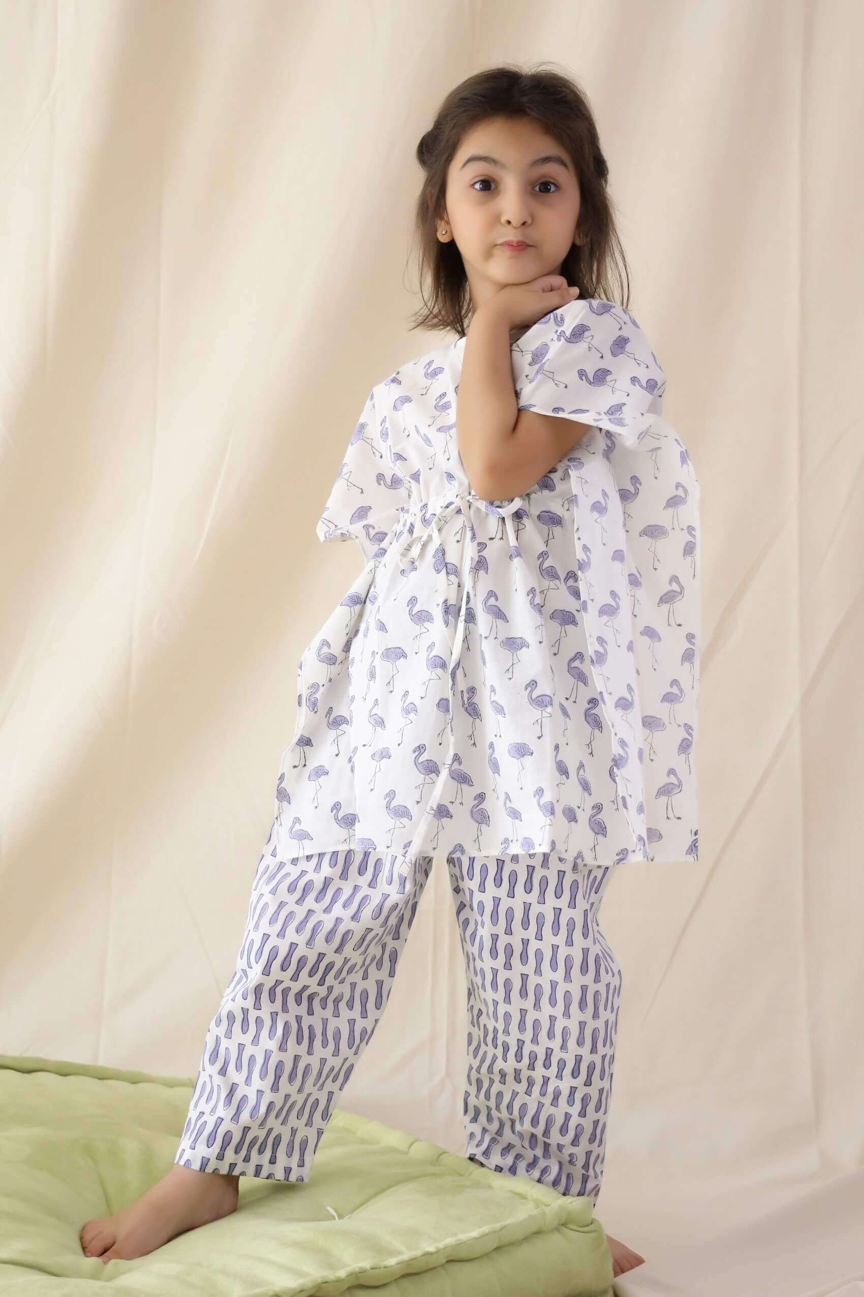 Flamingo Print Kaftan And Pyjama For Kids - Set Of Two