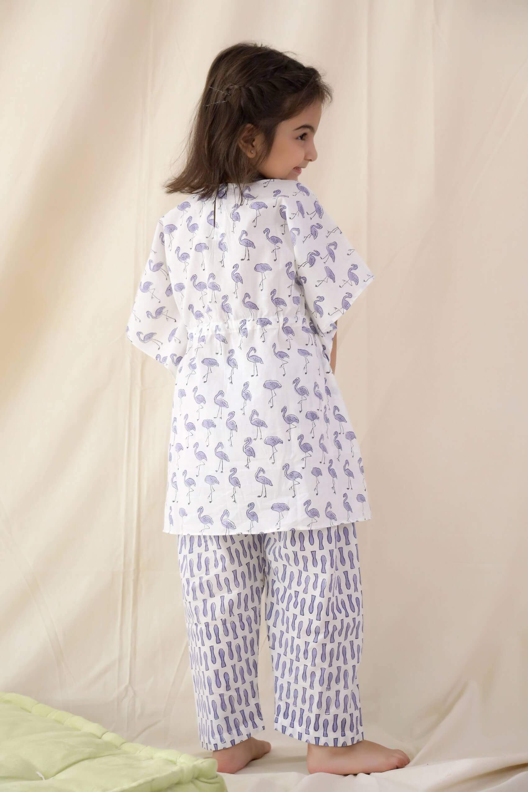 Flamingo Print Kaftan And Pyjama For Kids - Set Of Two