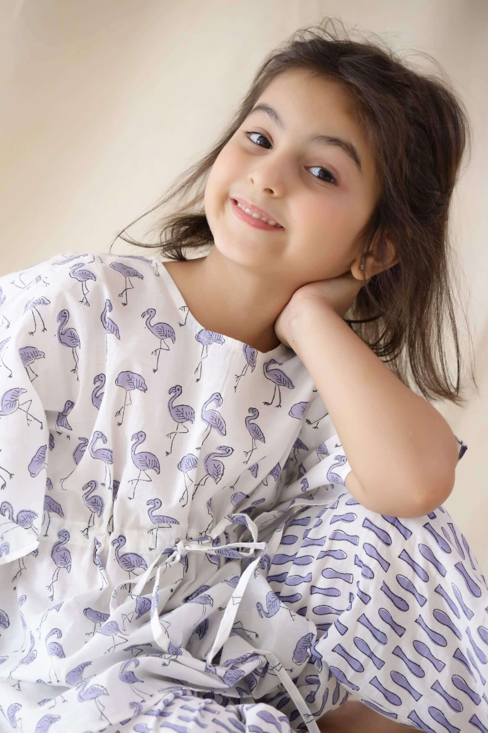 Flamingo Print Kaftan And Pyjama For Kids - Set Of Two
