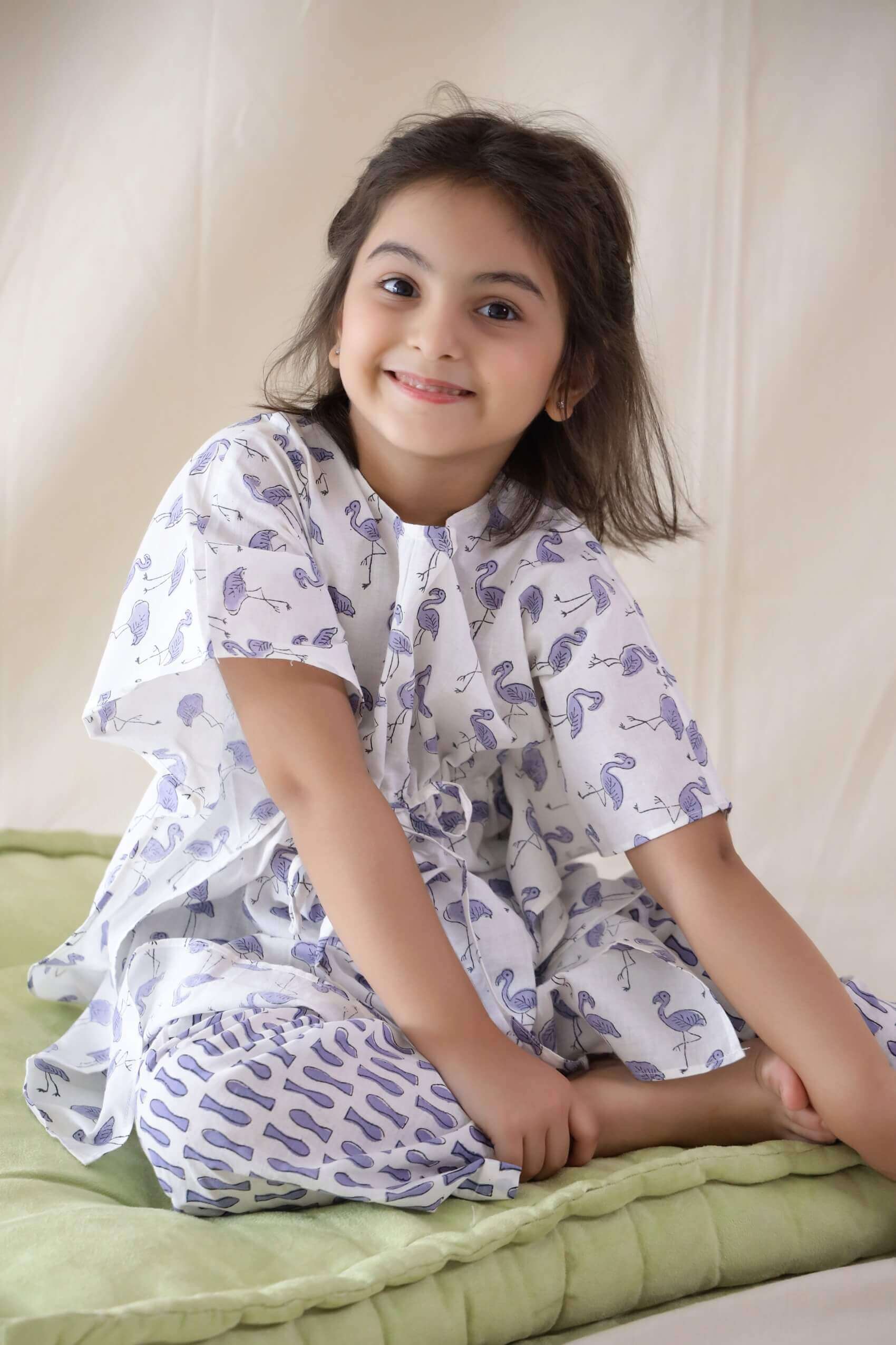 Flamingo Print Kaftan And Pyjama For Kids - Set Of Two