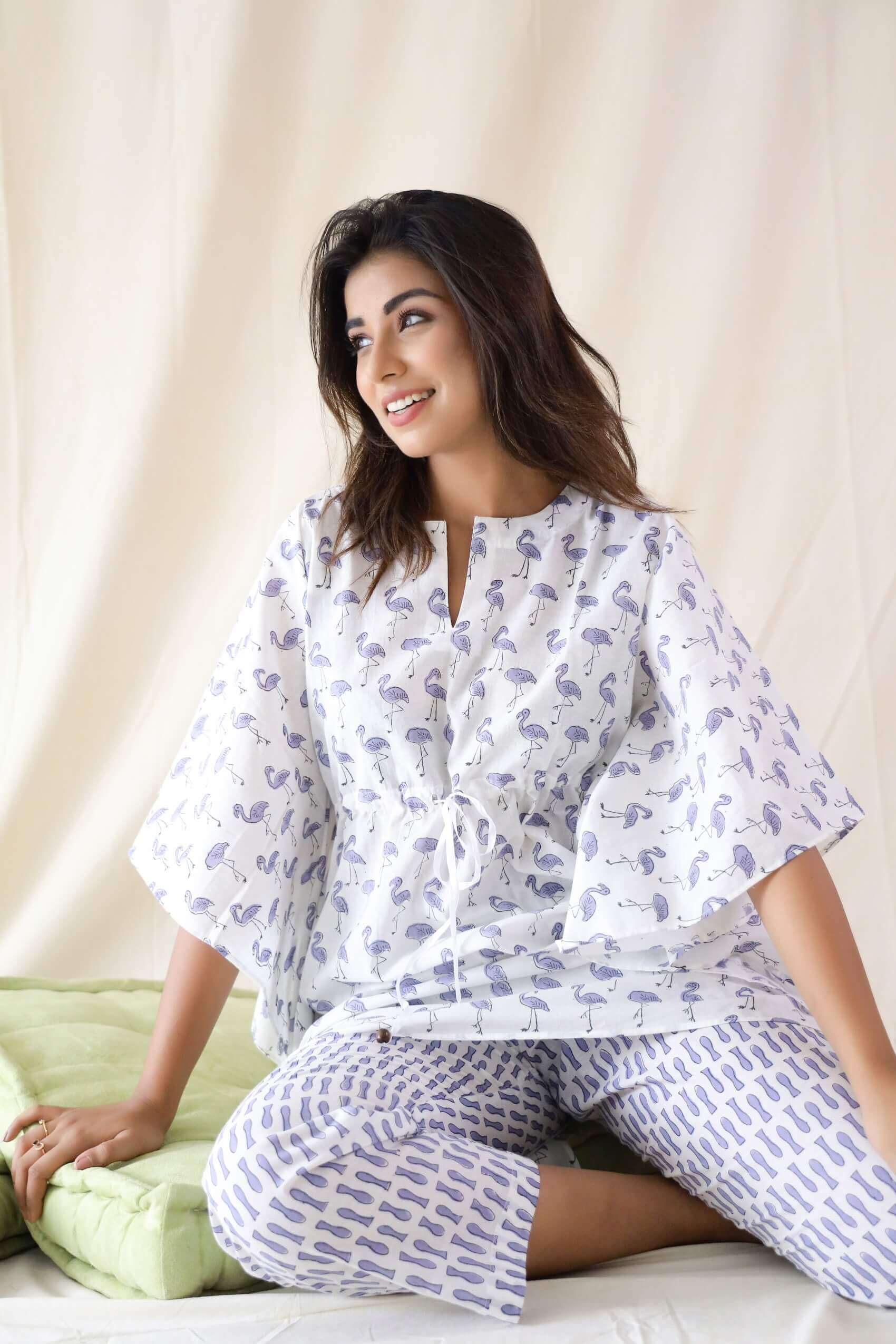 Flamingo Print Kaftan And Pyjama - Set Of Two