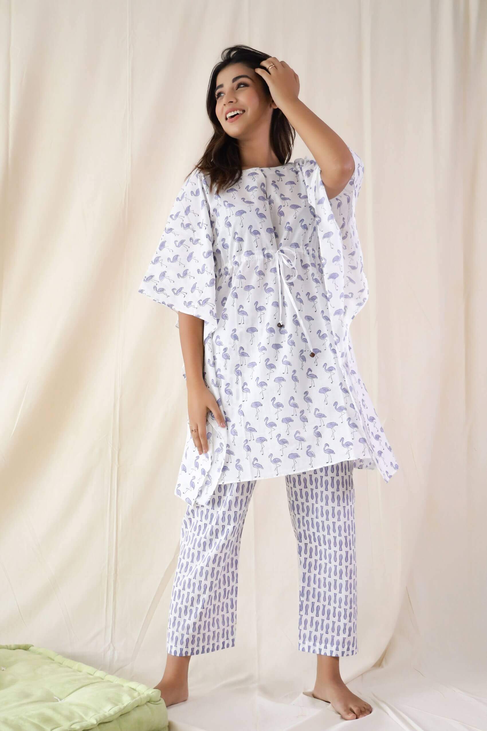 Flamingo Print Kaftan And Pyjama - Set Of Two