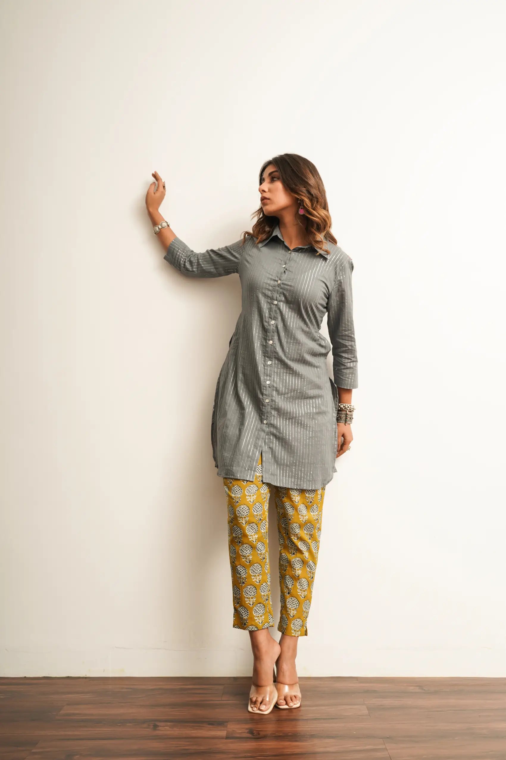 Grey Long Shirt With Embroidered Back Detailing