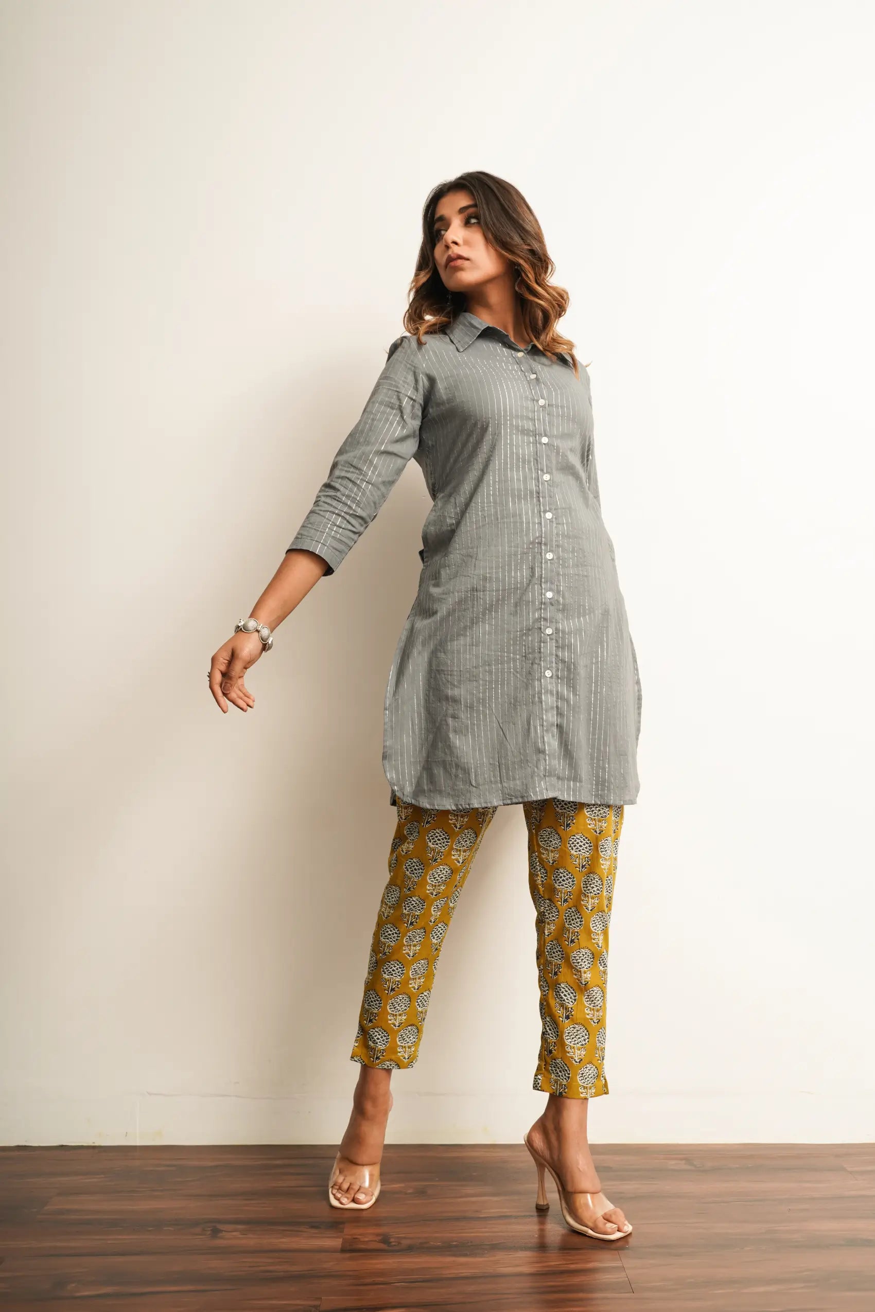 Grey Long Shirt With Embroidered Back Detailing