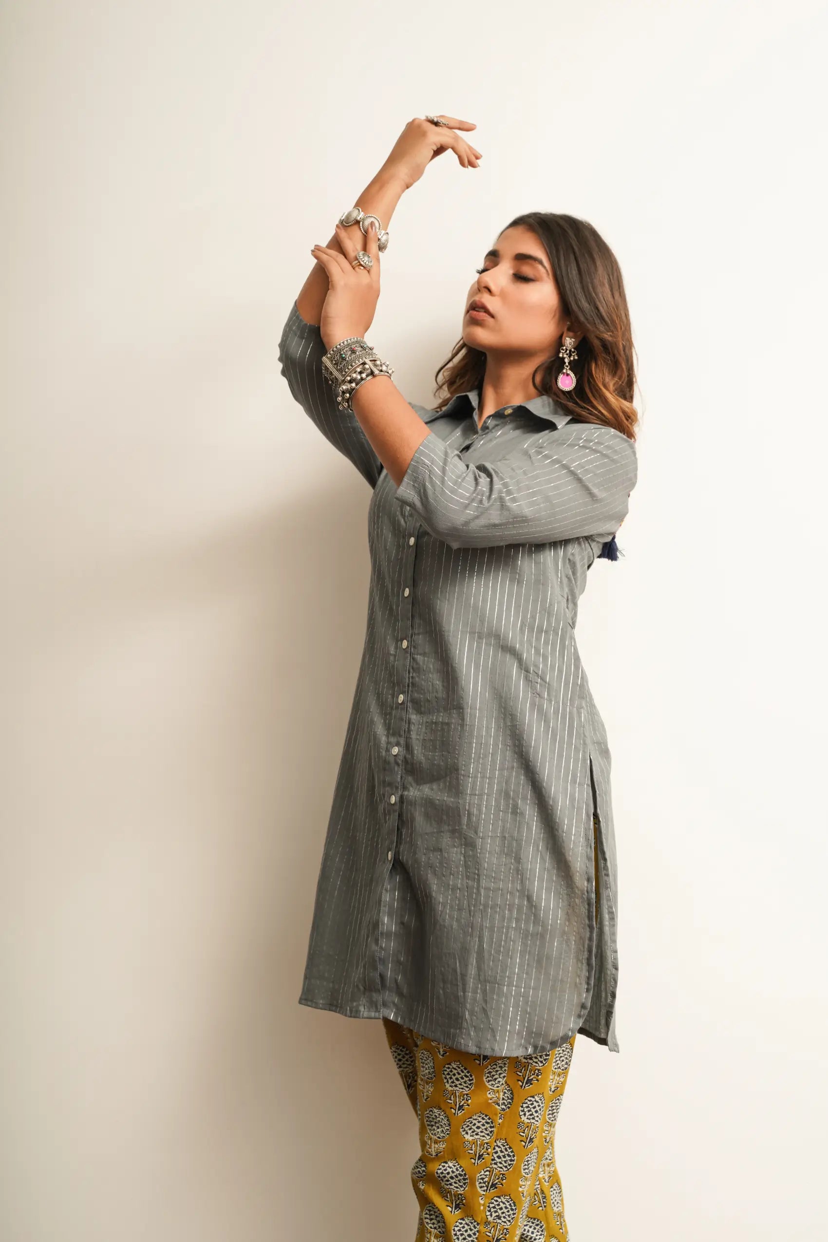 Grey Long Shirt With Embroidered Back Detailing