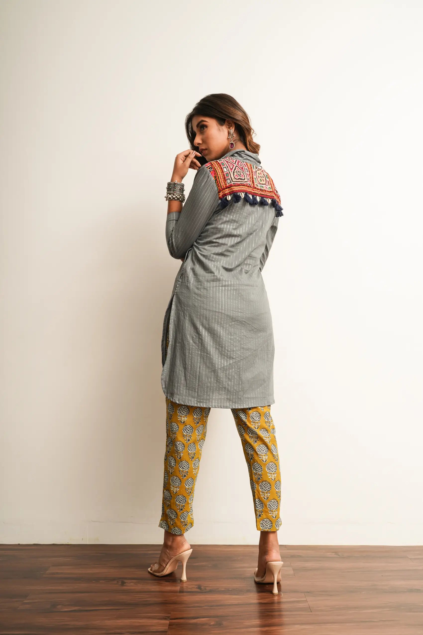 Grey Long Shirt With Embroidered Back Detailing
