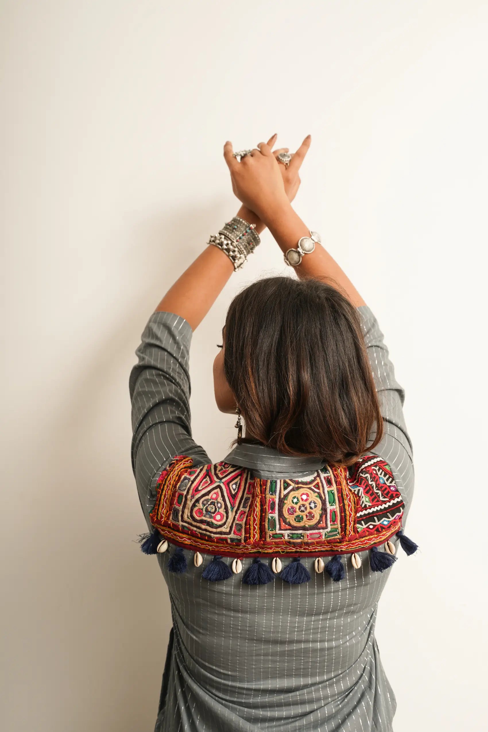 Grey Long Shirt With Embroidered Back Detailing