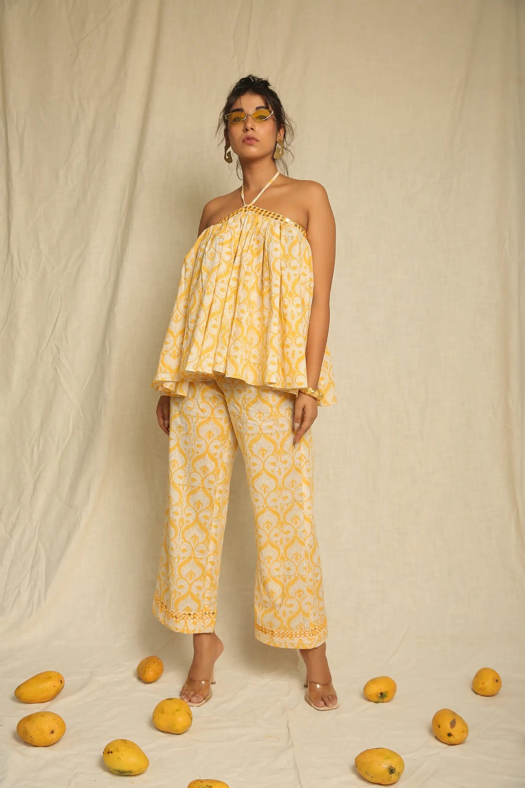 Yellow White Hand Block Printed Cotton Top with Pants - Set of two