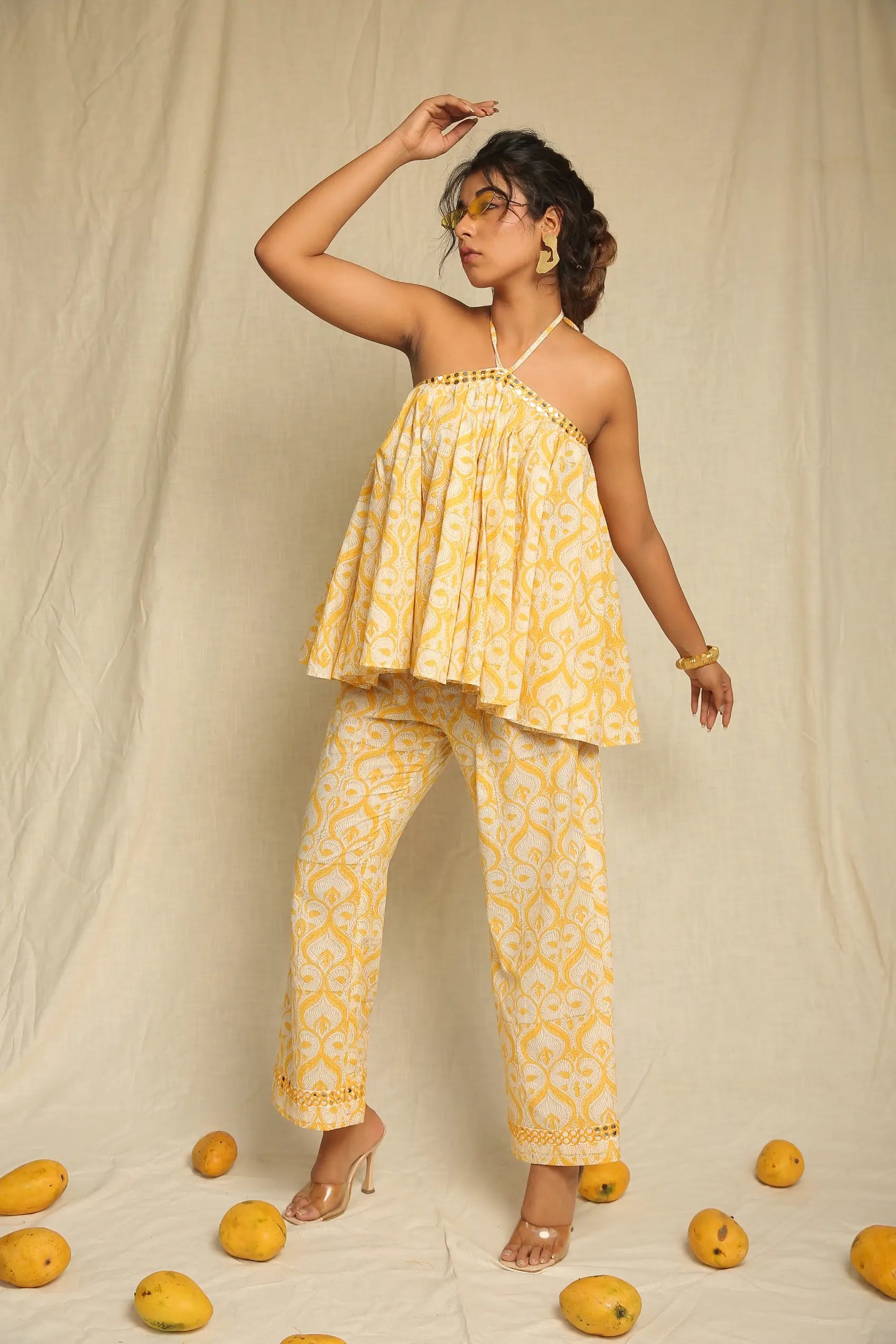 Yellow White Hand Block Printed Cotton Top with Pants - Set of two
