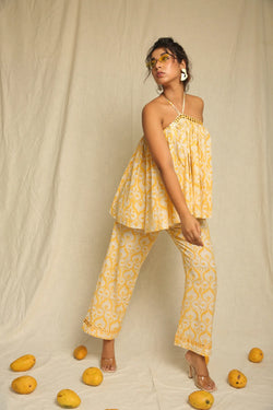 Yellow White Hand Block Printed Cotton Top with Pants - Set of two