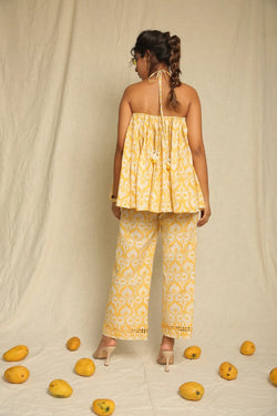 Yellow White Hand Block Printed Cotton Top with Pants - Set of two